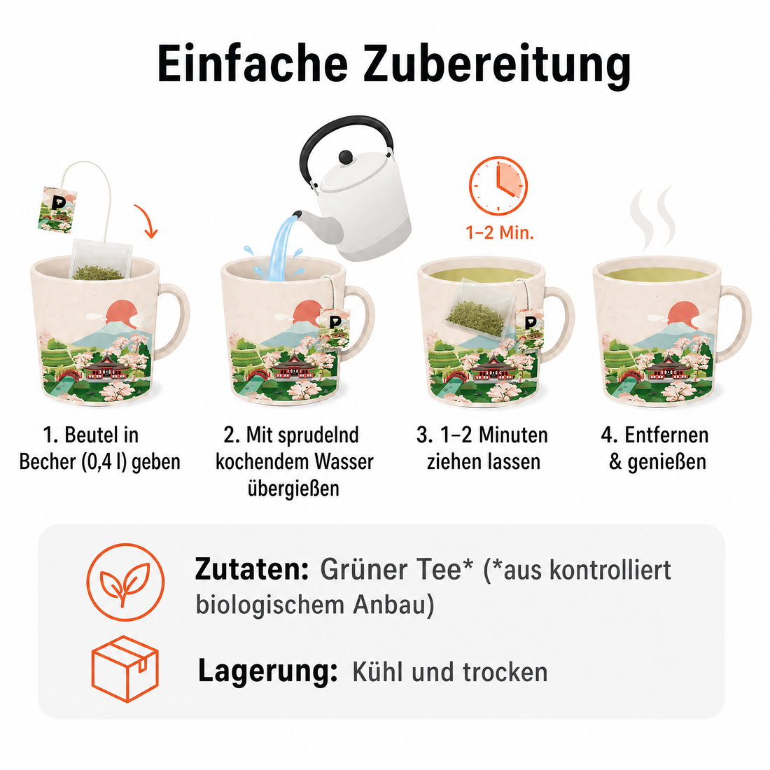 Pure Tea Grüner Tee Sencha Hayato, japanischer Bio Grüntee im Kissenbeutel, 15 Beutel à 3 g, Premiumqualität, Dispenserbox, frisch-duftiges Aroma