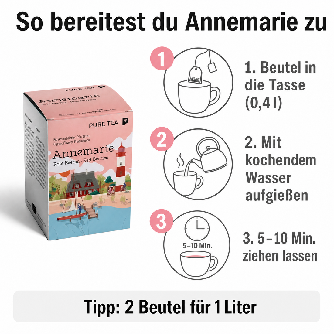 Pure Tea Früchtetee Bio Annemarie Beeren & Vanille, 15 Teebeutel à 3,5 g, aromatisierter Bio-Früchtetee, koffeinfrei & glutenfrei, EU‑Bio (PL‑EKO‑01), Dispenserbox