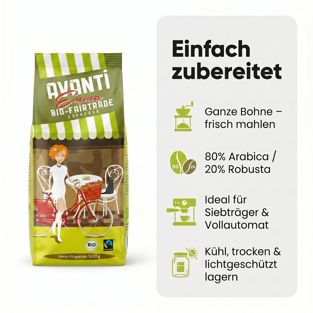 AVANTI Emma Kaffeebohnen, Bio Fairtrade Espresso, ganze Bohnen 500 g, 80% Arabica 20% Robusta, säurearme Langzeit-Trommelröstung (mitteldunkel), Schweizer Röstung und Abfüllung