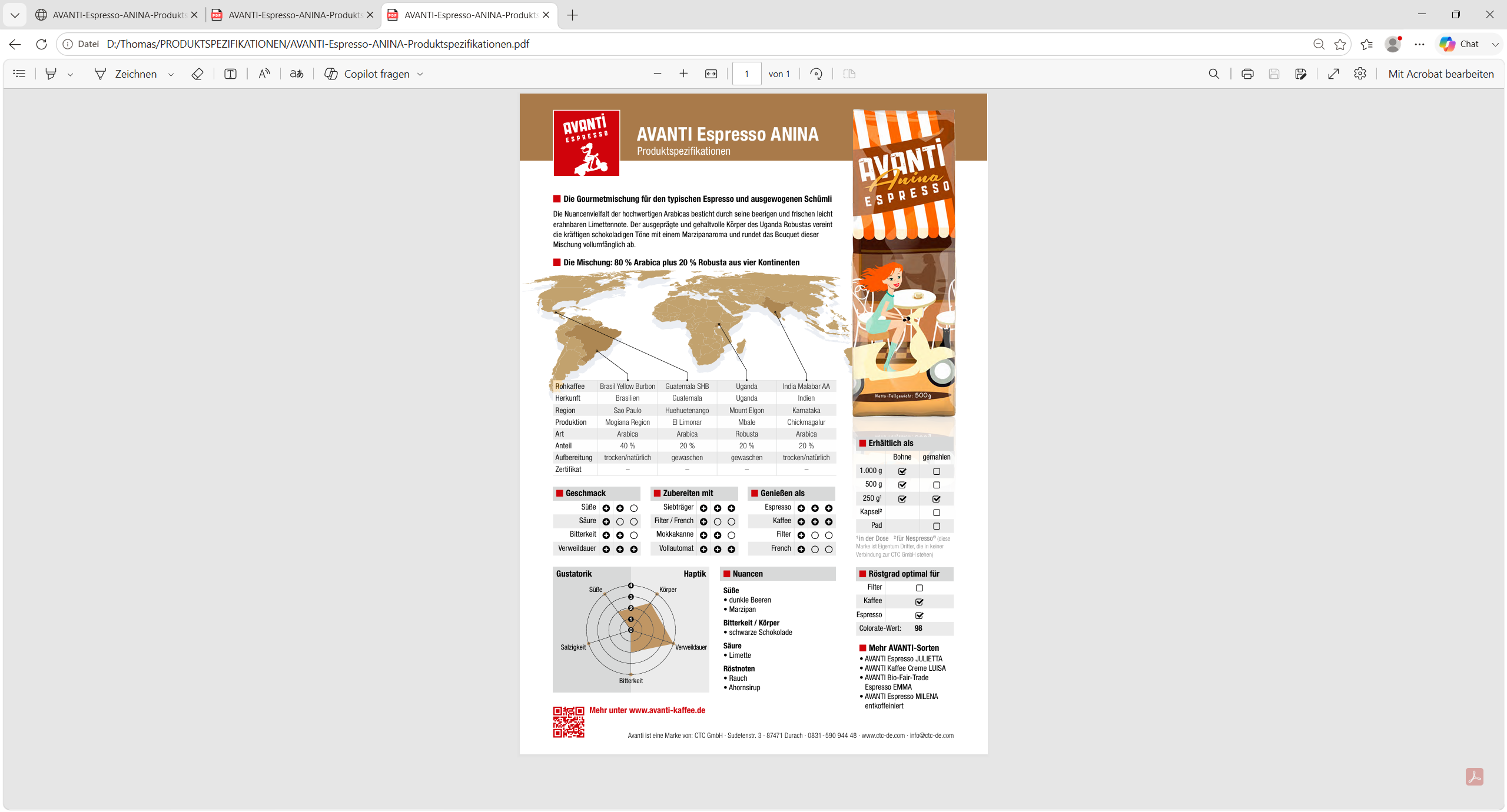 AVANTI Espresso Bohnen Anina – Espressobohnen 1 kg, säurearm, dunkle Trommelröstung, 80% Arabica 20% Robusta, für Siebträgermaschine & Kaffeevollautomat, geröstet in der Schweiz