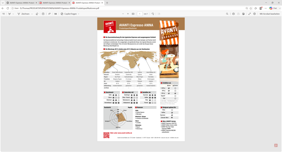 AVANTI Espresso Bohnen Anina – Espressobohnen 1 kg, säurearm, dunkle Trommelröstung, 80% Arabica 20% Robusta, für Siebträgermaschine & Kaffeevollautomat, geröstet in der Schweiz