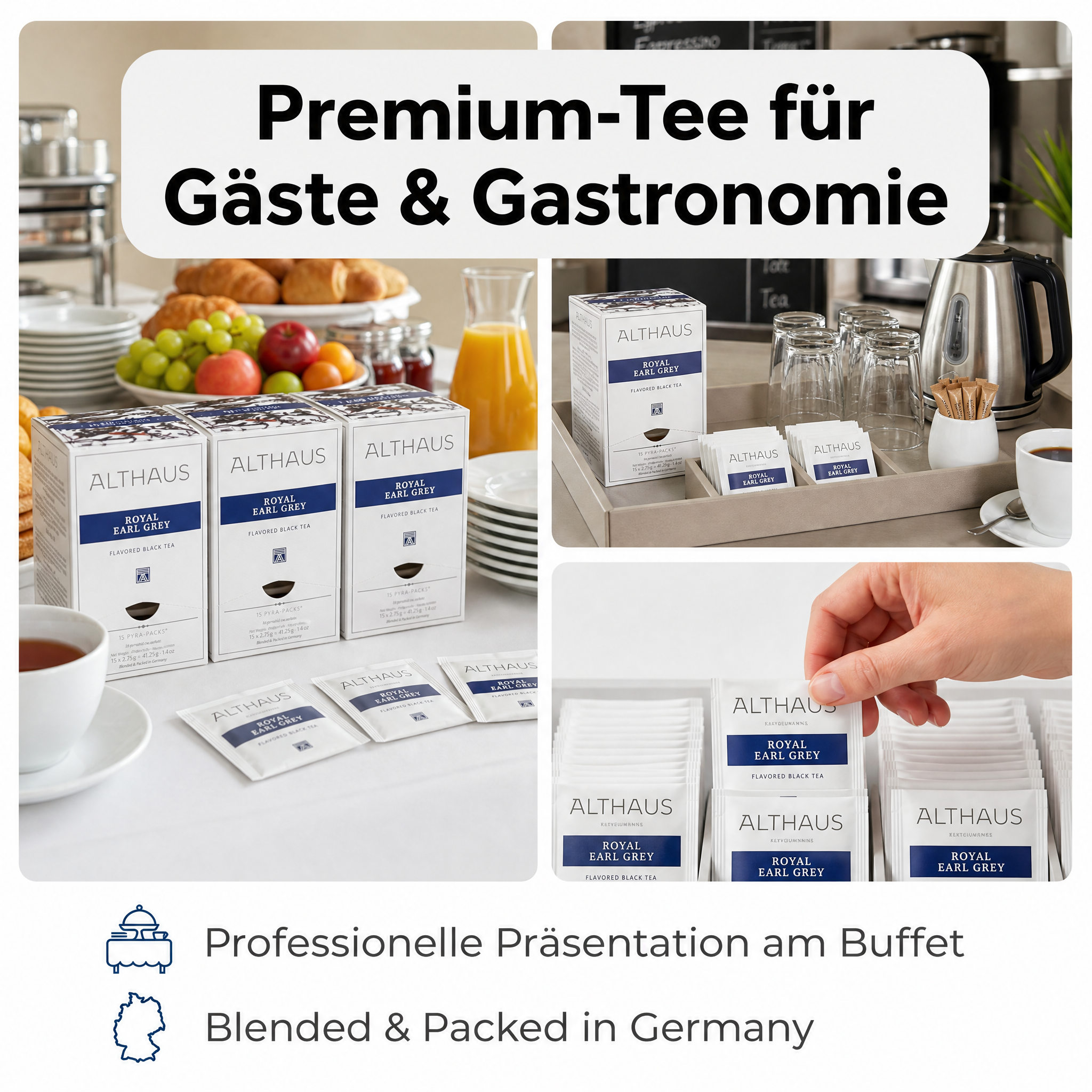 Althaus Earl Grey Teebeutel Royal Earl Grey, aromatisierter Schwarzer Tee mit Bergamotte, Pyramiden-Teebeutel einzeln verpackt, premium Schwarztee, Blended & Packed in Germany, elegante Spenderbox