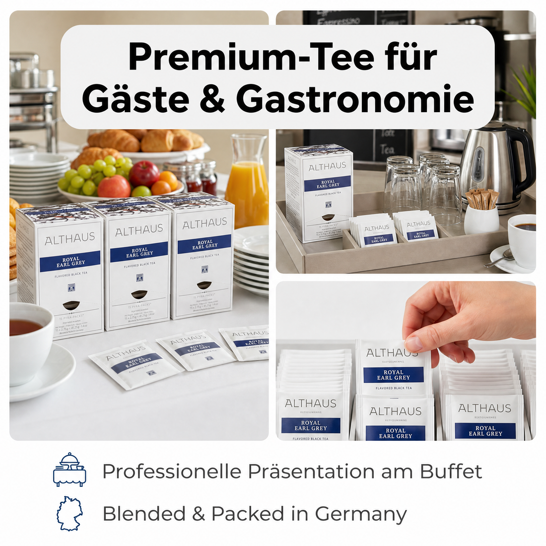 Althaus Earl Grey Teebeutel Royal Earl Grey, aromatisierter Schwarzer Tee mit Bergamotte, Pyramiden-Teebeutel einzeln verpackt, premium Schwarztee, Blended & Packed in Germany, elegante Spenderbox