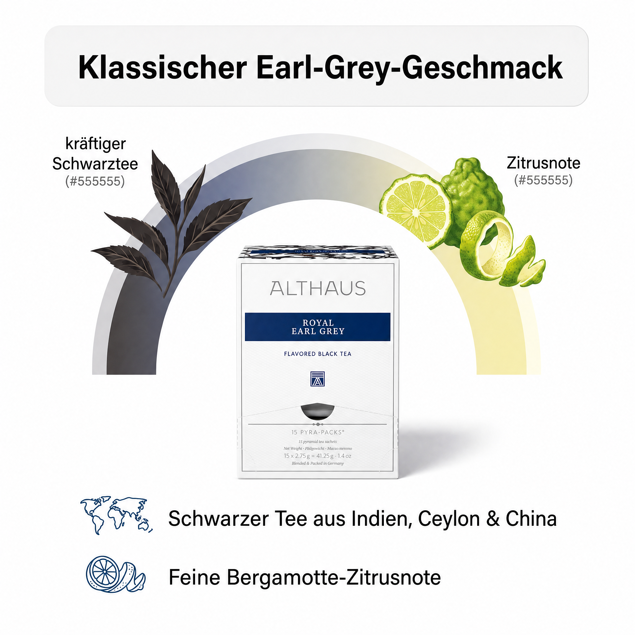 Althaus Earl Grey Teebeutel Royal Earl Grey, aromatisierter Schwarzer Tee mit Bergamotte, Pyramiden-Teebeutel einzeln verpackt, premium Schwarztee, Blended & Packed in Germany, elegante Spenderbox