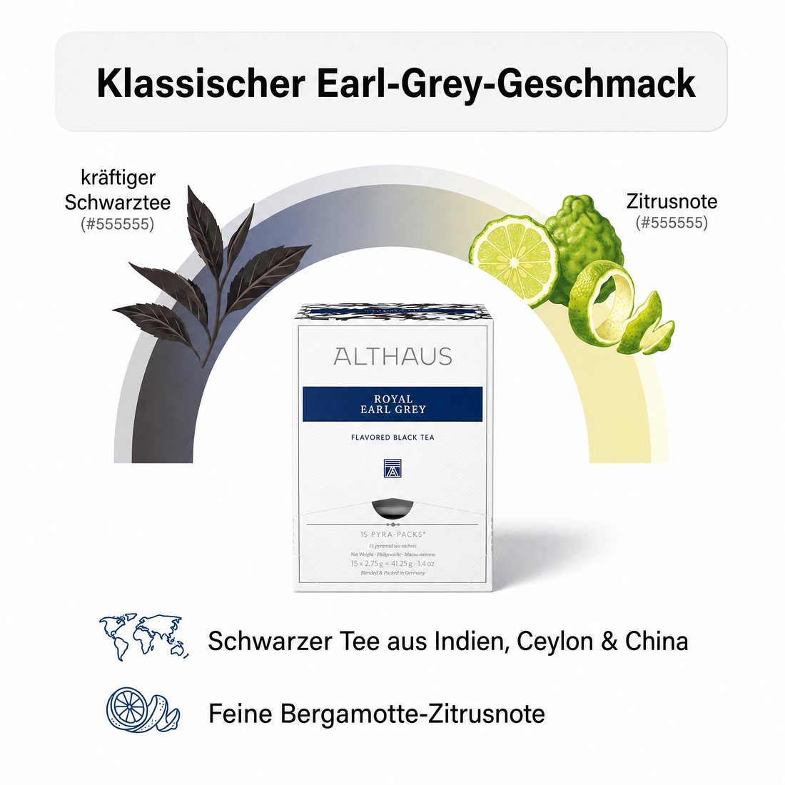 Althaus Earl Grey Teebeutel Royal Earl Grey, aromatisierter Schwarzer Tee mit Bergamotte, Pyramiden-Teebeutel einzeln verpackt, premium Schwarztee, Blended & Packed in Germany, elegante Spenderbox