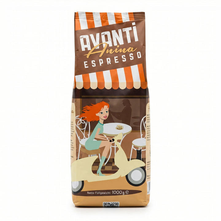 AVANTI Espresso Bohnen Anina – Espressobohnen 500g, säurearm, dunkle Trommelröstung, 80% Arabica 20% Robusta, für Siebträgermaschine & Kaffeevollautomat, geröstet in der Schweiz