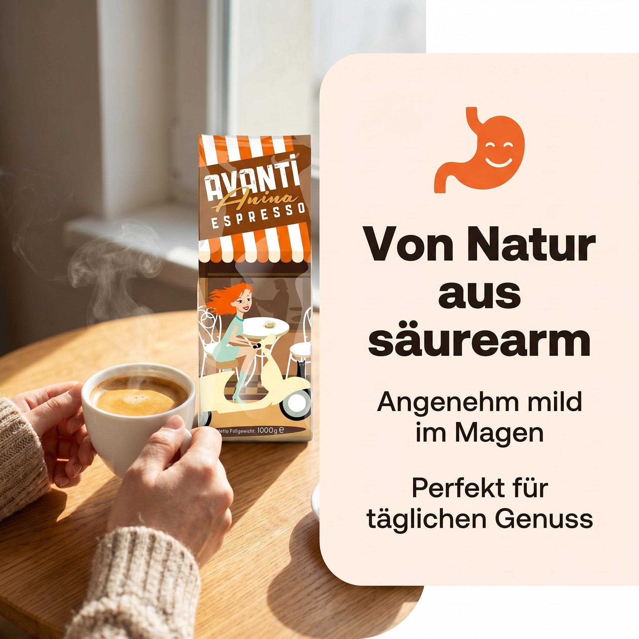 AVANTI Espresso Bohnen Anina – Espressobohnen 1 kg, säurearm, dunkle Trommelröstung, 80% Arabica 20% Robusta, für Siebträgermaschine & Kaffeevollautomat, geröstet in der Schweiz