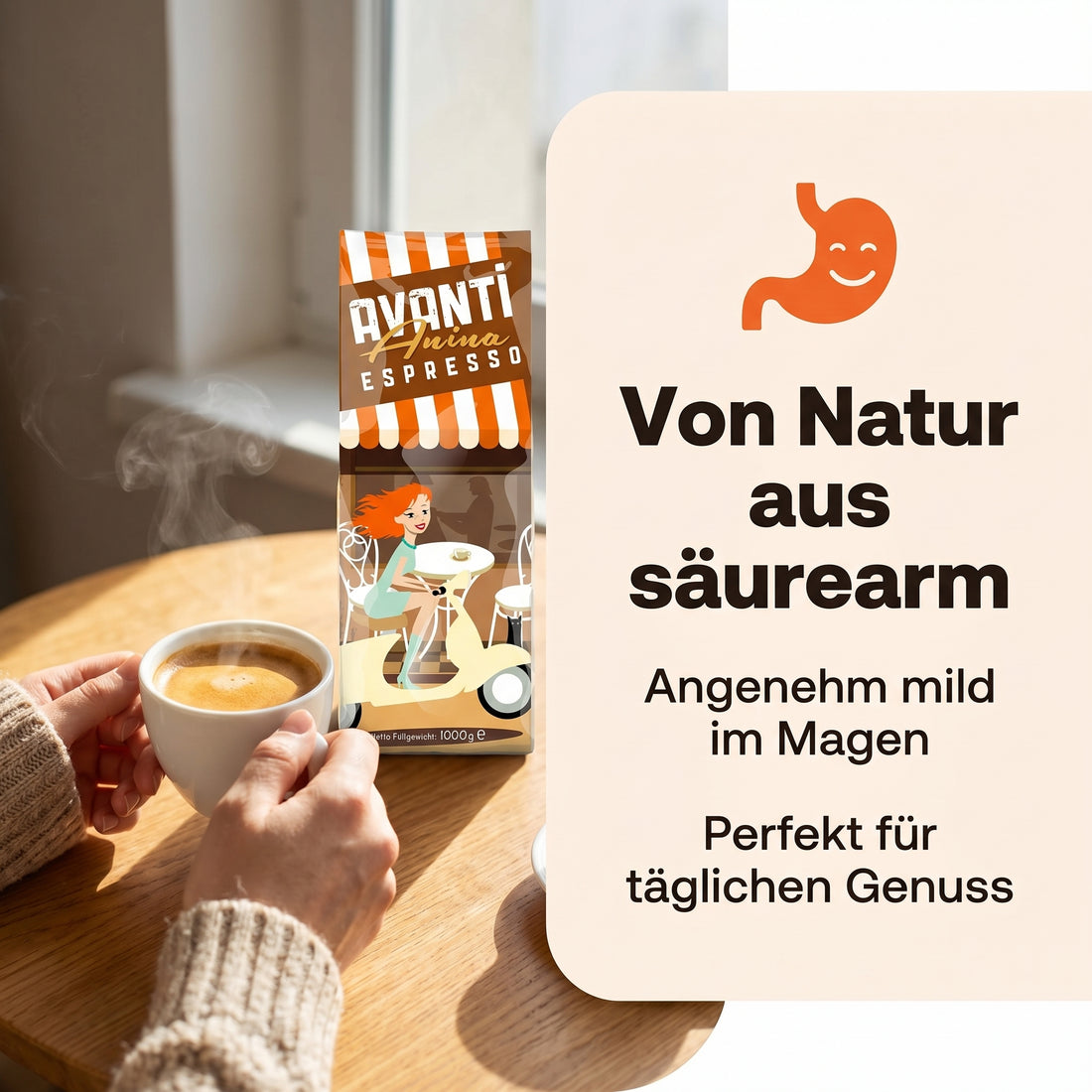 AVANTI Espresso Bohnen Anina – Espressobohnen 1 kg, säurearm, dunkle Trommelröstung, 80% Arabica 20% Robusta, für Siebträgermaschine & Kaffeevollautomat, geröstet in der Schweiz