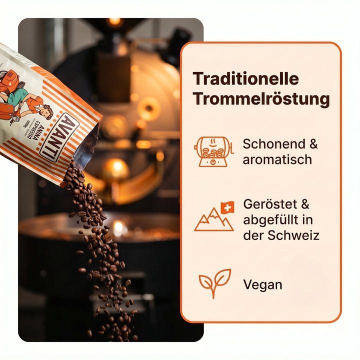 AVANTI Espresso Bohnen Anina – Espressobohnen 500g, säurearm, dunkle Trommelröstung, 80% Arabica 20% Robusta, für Siebträgermaschine & Kaffeevollautomat, geröstet in der Schweiz