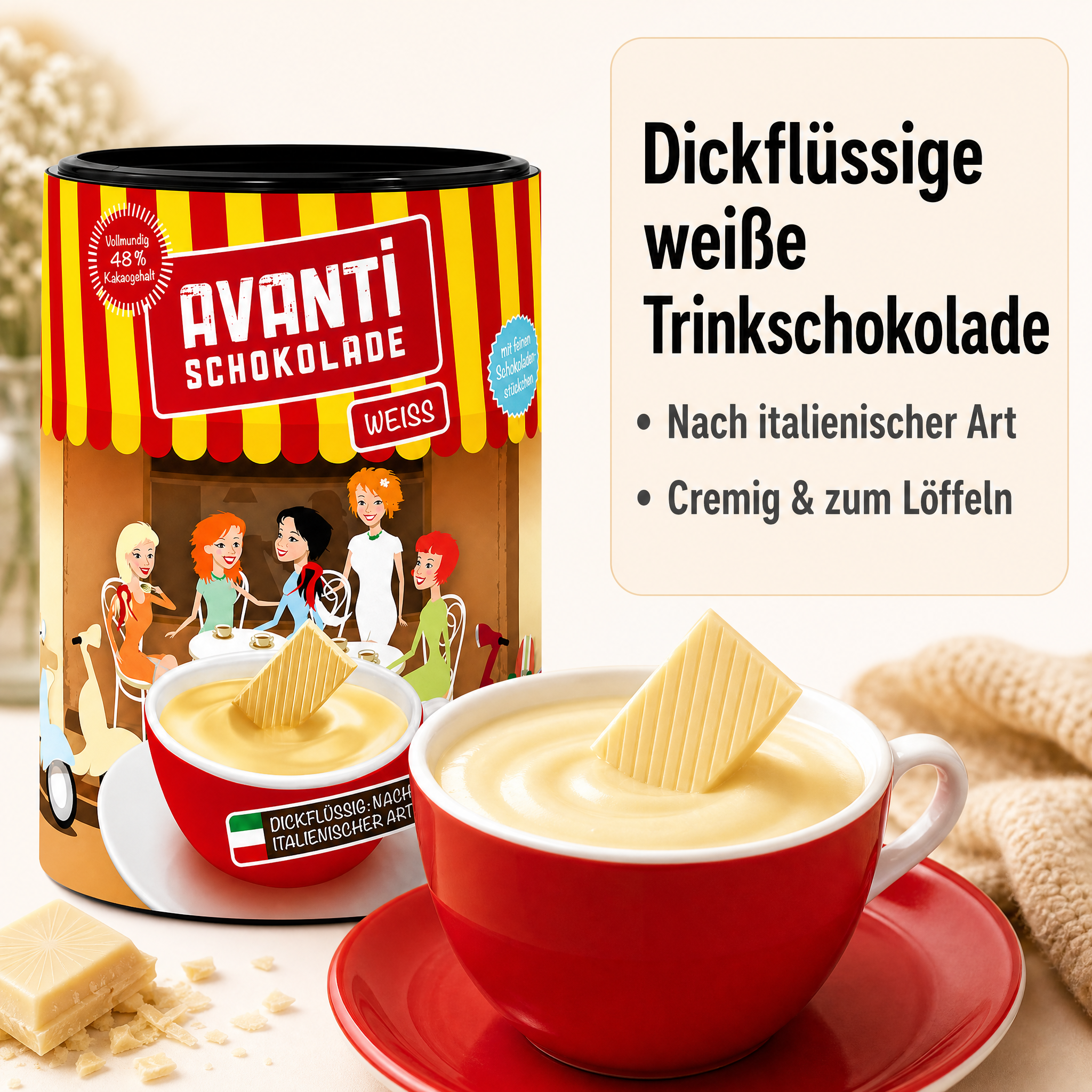 Avanti Weiße Trinkschokolade Dickflüssig, 400 g, nach italienischer Art, Cremig wie flüssige Schokolade – ohne Konservierungsstoffe oder Emulgatoren, einfach mit Milch zubereitet