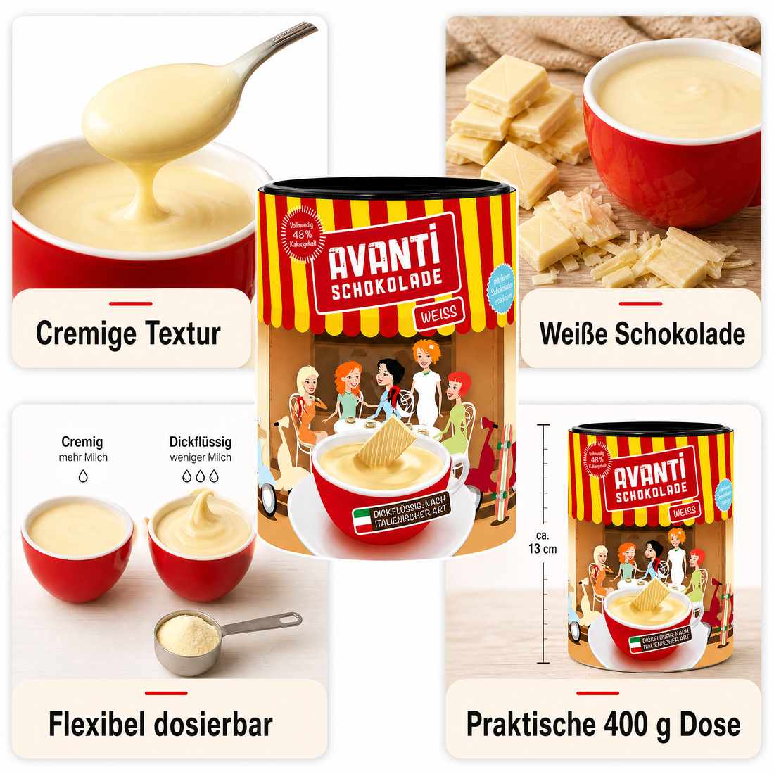 Avanti Weiße Trinkschokolade Dickflüssig, 400 g, nach italienischer Art, Cremig wie flüssige Schokolade – ohne Konservierungsstoffe oder Emulgatoren, einfach mit Milch zubereitet