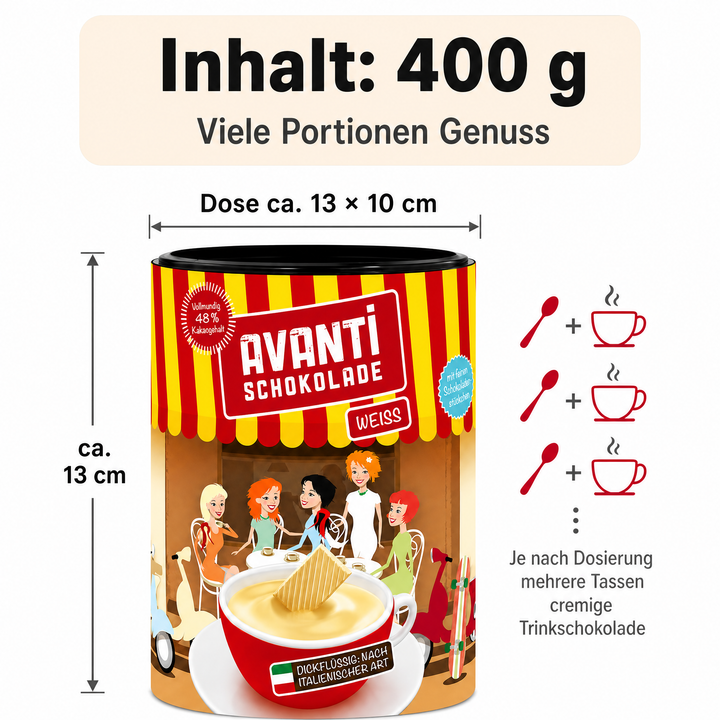 Avanti Weiße Trinkschokolade Dickflüssig, 400 g, nach italienischer Art, Cremig wie flüssige Schokolade – ohne Konservierungsstoffe oder Emulgatoren, einfach mit Milch zubereitet