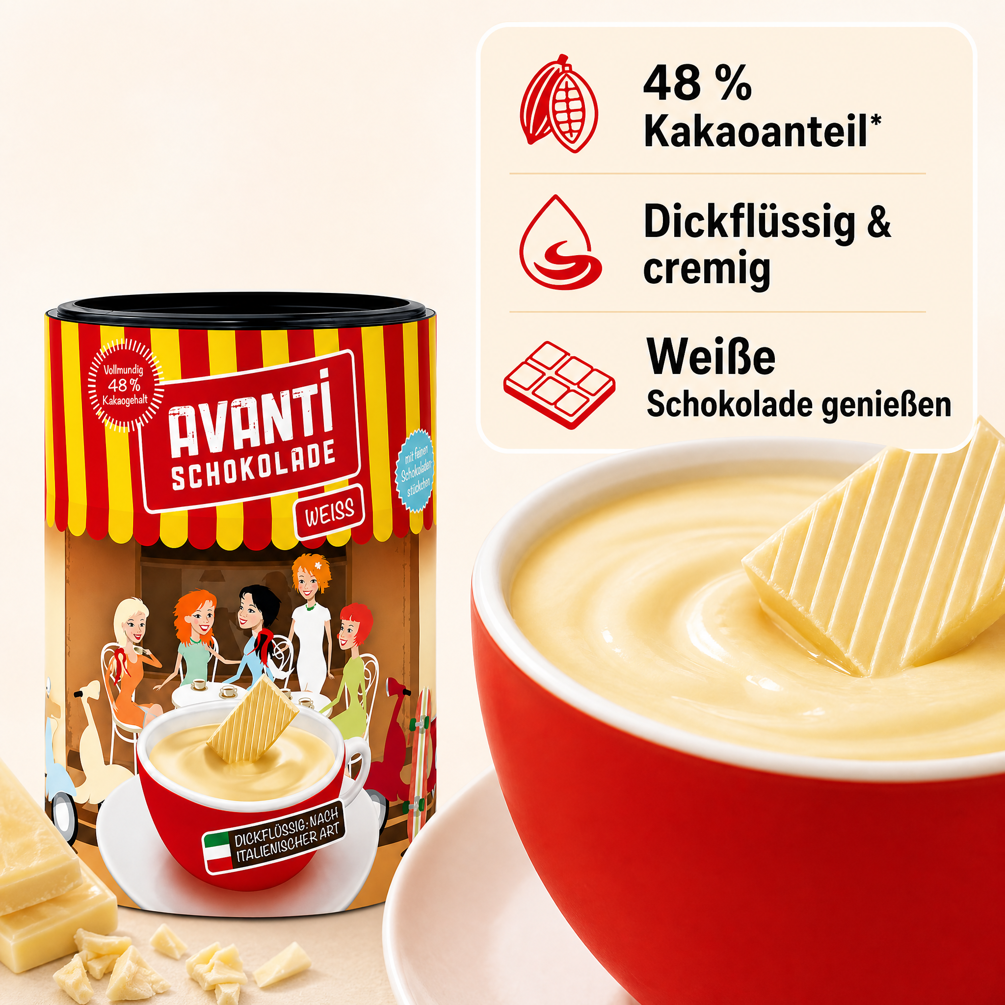 Avanti Weiße Trinkschokolade Dickflüssig, 400 g, nach italienischer Art, Cremig wie flüssige Schokolade – ohne Konservierungsstoffe oder Emulgatoren, einfach mit Milch zubereitet