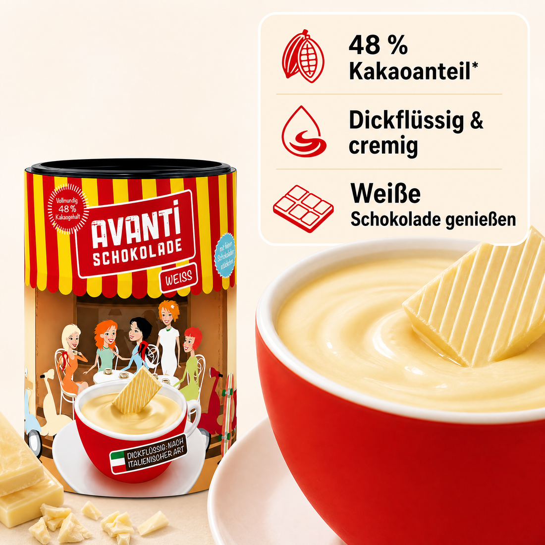 Avanti Weiße Trinkschokolade Dickflüssig, 400 g, nach italienischer Art, Cremig wie flüssige Schokolade – ohne Konservierungsstoffe oder Emulgatoren, einfach mit Milch zubereitet