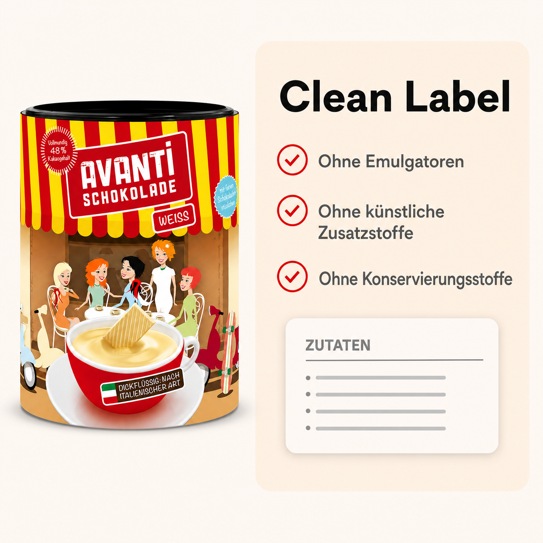 Avanti Weiße Trinkschokolade Dickflüssig, 400 g, nach italienischer Art, Cremig wie flüssige Schokolade – ohne Konservierungsstoffe oder Emulgatoren, einfach mit Milch zubereitet