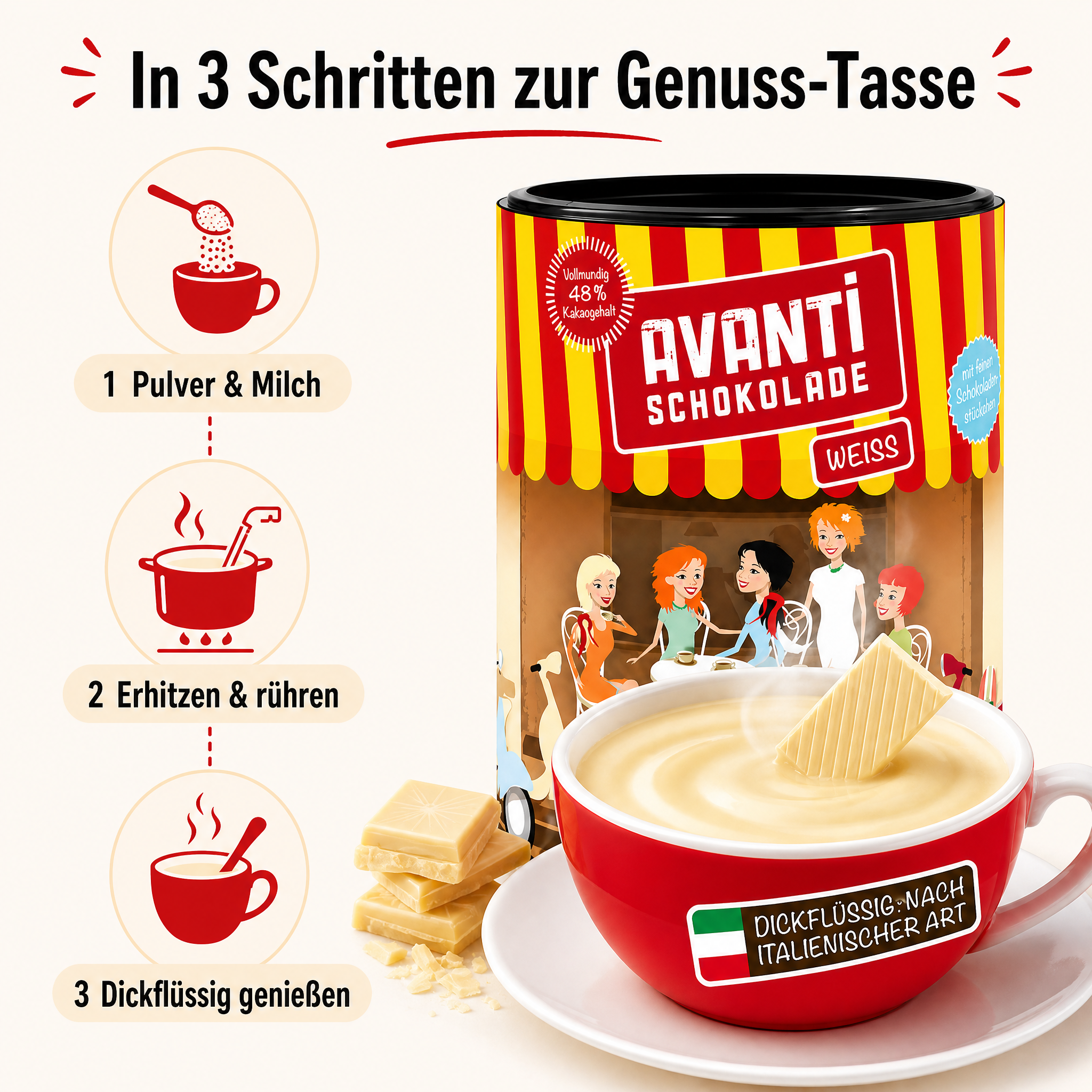 Avanti Weiße Trinkschokolade Dickflüssig, 400 g, nach italienischer Art, Cremig wie flüssige Schokolade – ohne Konservierungsstoffe oder Emulgatoren, einfach mit Milch zubereitet