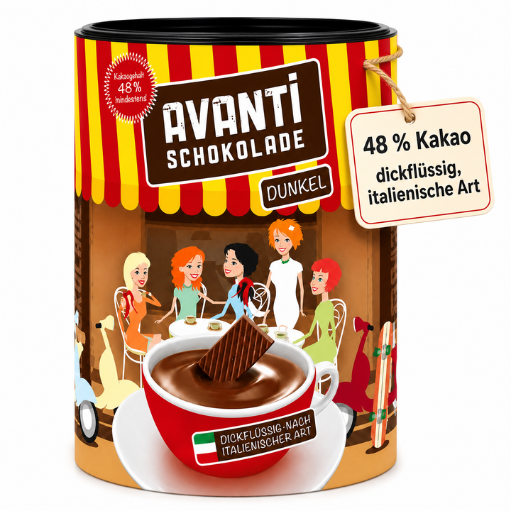 Avanti Trinkschokolade Dunkel, dickflüssig nach ital. Art, 48% Kakao, Cremige heiße Schokolade wie im Café – ohne Emulgatoren, ohne Konservierungsstoffe, 400 g Retro-Dose