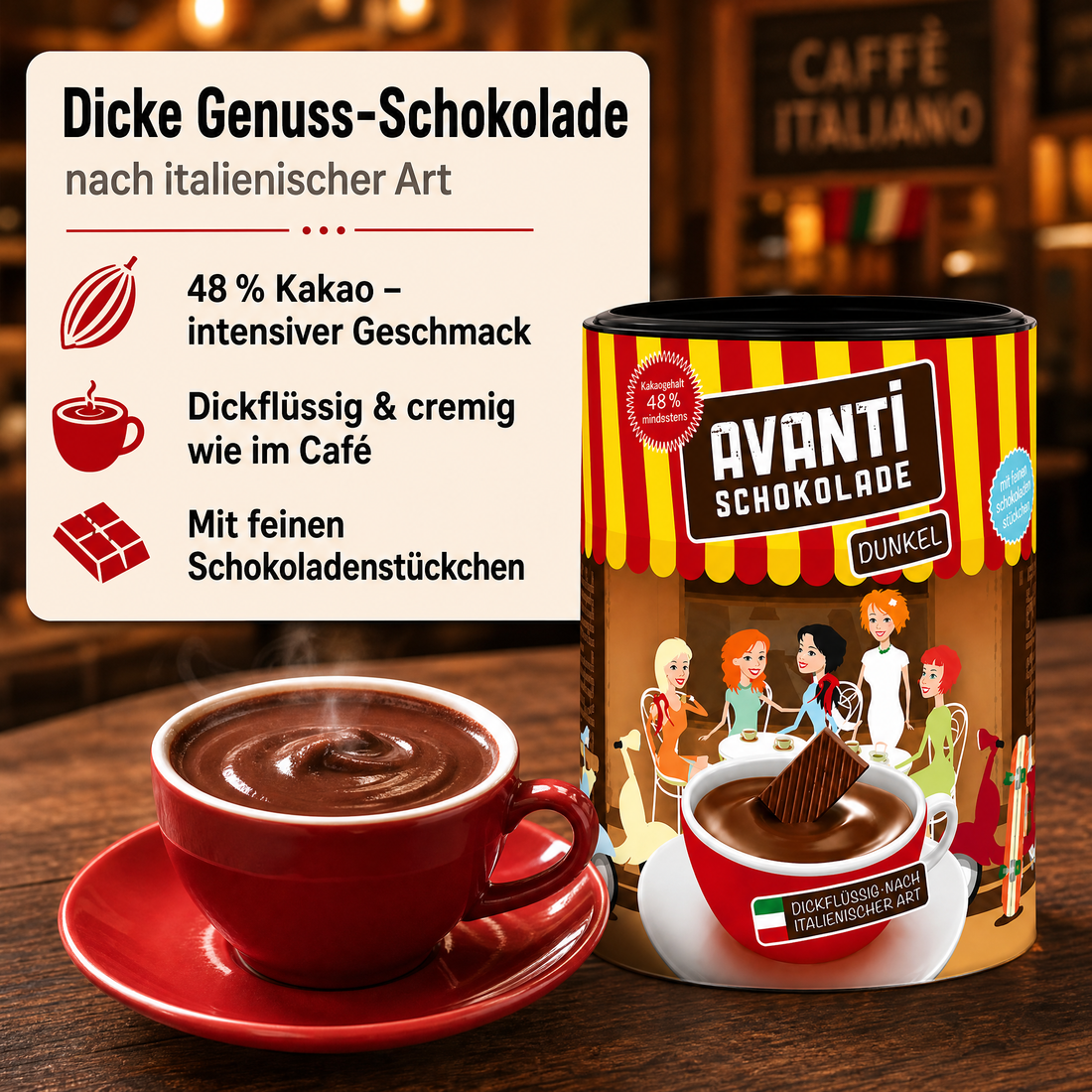 Avanti Trinkschokolade Dunkel, dickflüssig nach ital. Art, 48% Kakao, Cremige heiße Schokolade wie im Café – ohne Emulgatoren, ohne Konservierungsstoffe, 400 g Retro-Dose