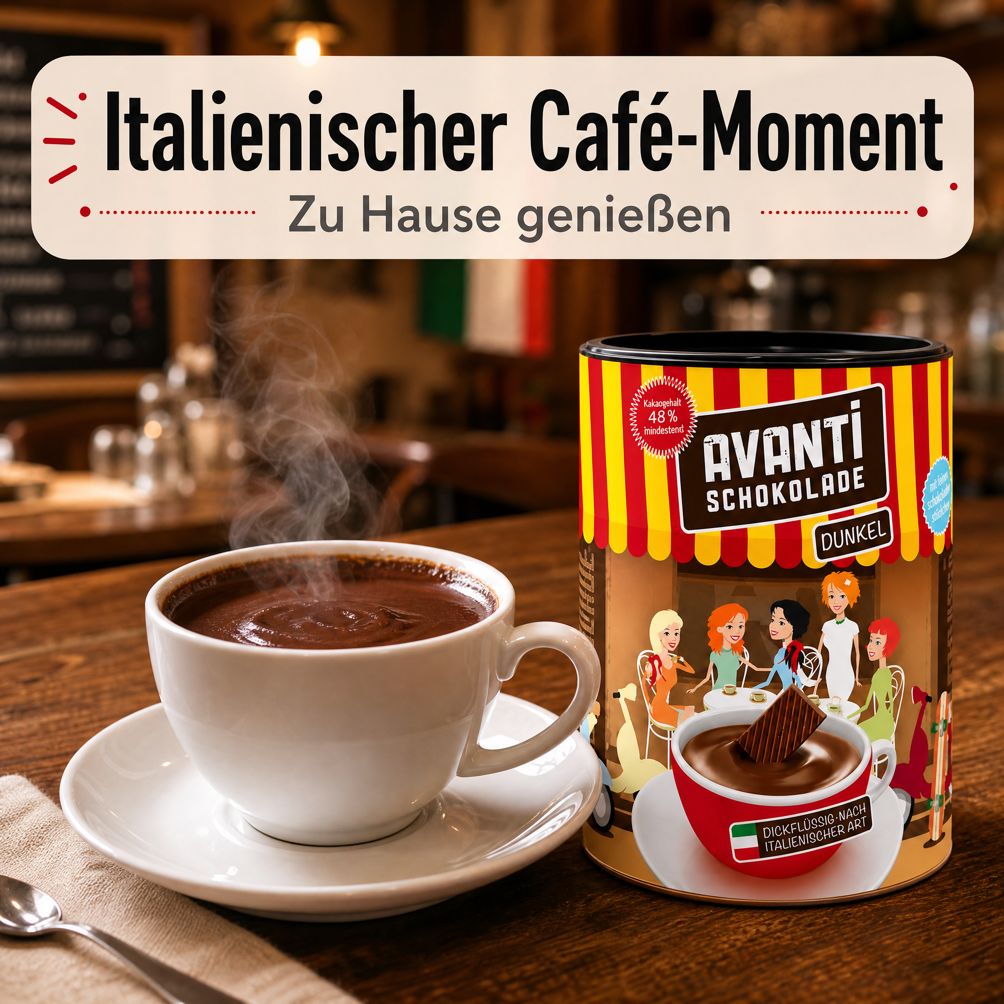 Avanti Trinkschokolade Dunkel, dickflüssig nach ital. Art, 48% Kakao, Cremige heiße Schokolade wie im Café – ohne Emulgatoren, ohne Konservierungsstoffe, 400 g Retro-Dose