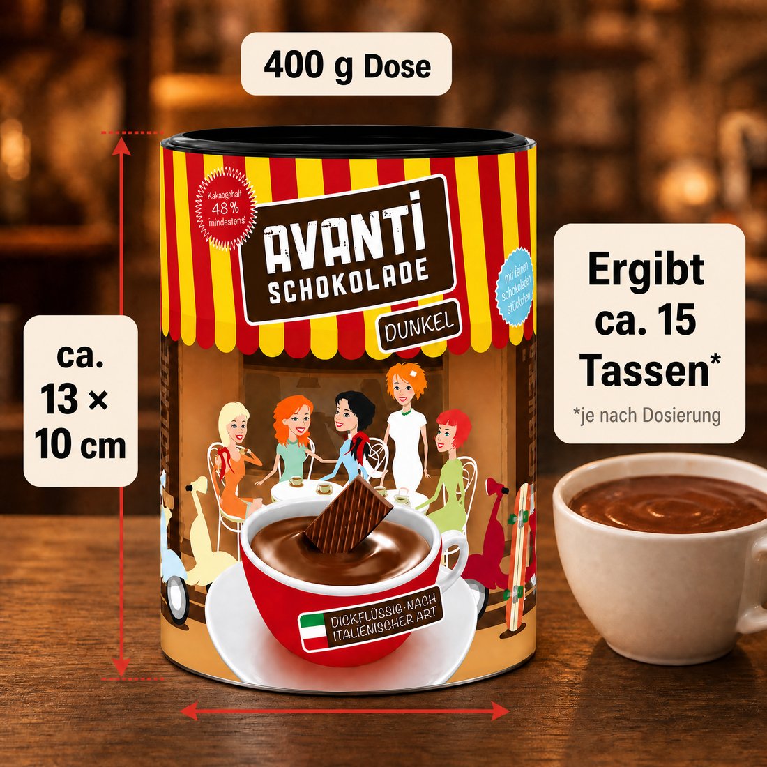 Avanti Trinkschokolade Dunkel, dickflüssig nach ital. Art, 48% Kakao, Cremige heiße Schokolade wie im Café – ohne Emulgatoren, ohne Konservierungsstoffe, 400 g Retro-Dose