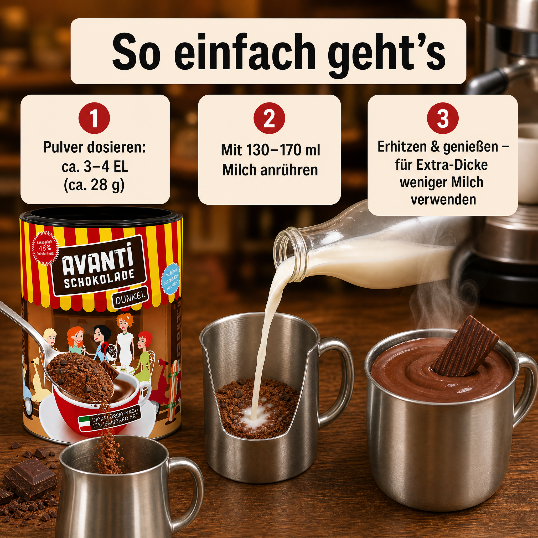 Avanti Trinkschokolade Dunkel, dickflüssig nach ital. Art, 48% Kakao, Cremige heiße Schokolade wie im Café – ohne Emulgatoren, ohne Konservierungsstoffe, 400 g Retro-Dose