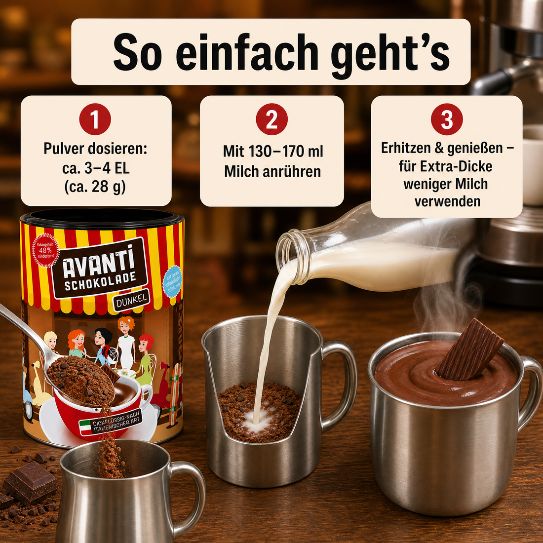 Avanti Trinkschokolade Dunkel, dickflüssig nach ital. Art, 48% Kakao, Cremige heiße Schokolade wie im Café – ohne Emulgatoren, ohne Konservierungsstoffe, 400 g Retro-Dose
