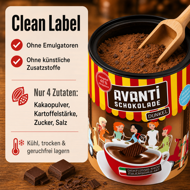 Avanti Trinkschokolade Dunkel, dickflüssig nach ital. Art, 48% Kakao, Cremige heiße Schokolade wie im Café – ohne Emulgatoren, ohne Konservierungsstoffe, 400 g Retro-Dose