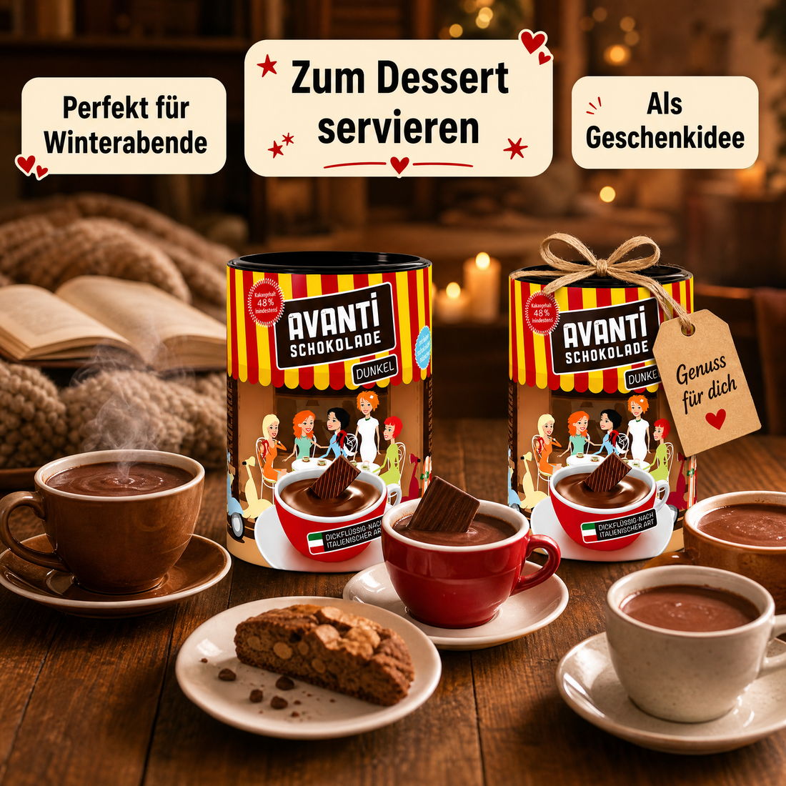 Avanti Trinkschokolade Dunkel, dickflüssig nach ital. Art, 48% Kakao, Cremige heiße Schokolade wie im Café – ohne Emulgatoren, ohne Konservierungsstoffe, 400 g Retro-Dose