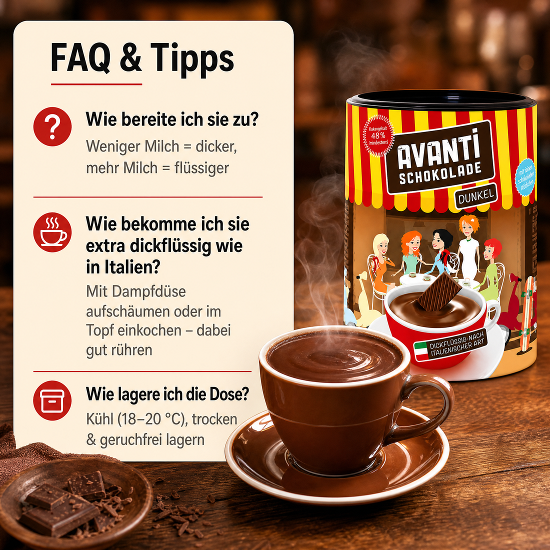 Avanti Trinkschokolade Dunkel, dickflüssig nach ital. Art, 48% Kakao, Cremige heiße Schokolade wie im Café – ohne Emulgatoren, ohne Konservierungsstoffe, 400 g Retro-Dose