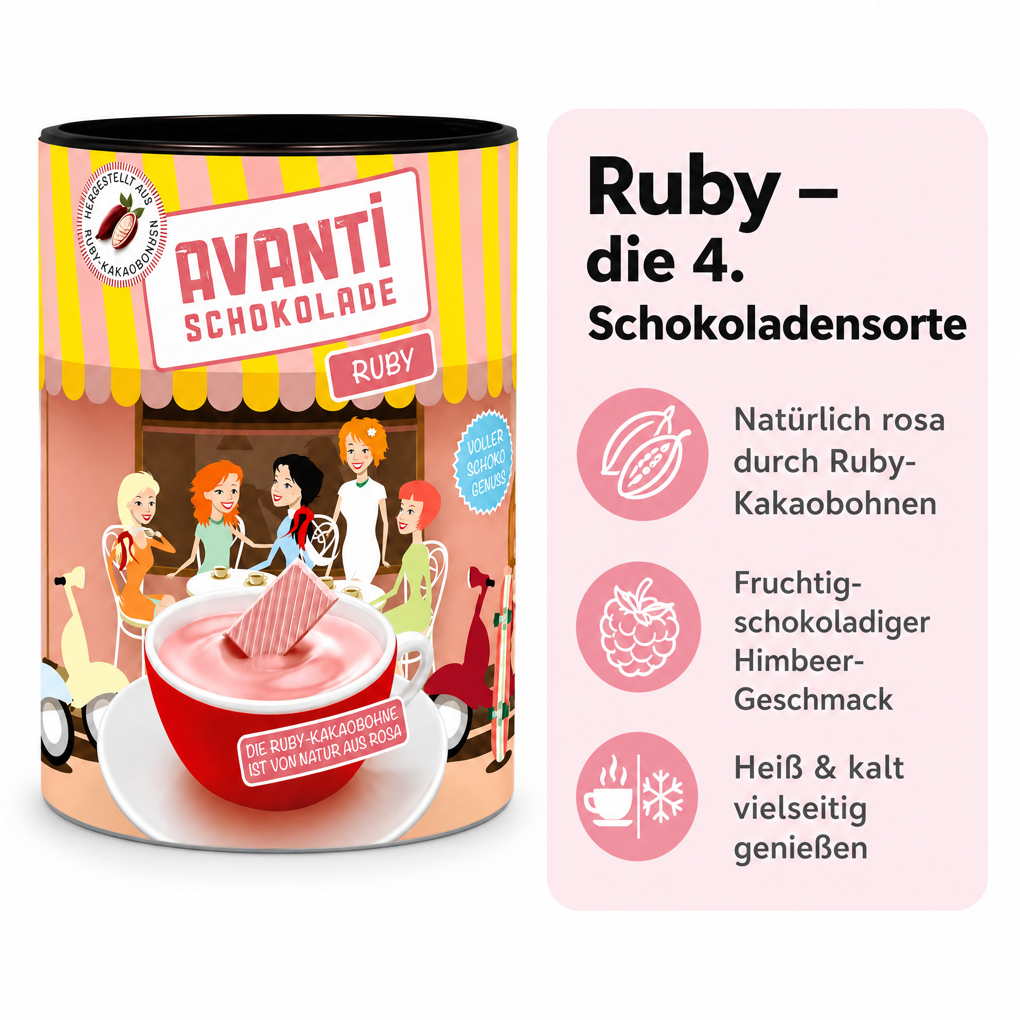 Avanti Ruby Trinkschokolade, 400 g, heiße Schokolade aus Rosa Kakaobohne, Die vierte Schokoladensorte als Trinkkakao – natürlich fruchtig, intensiv rosa und vielseitig verwendbar