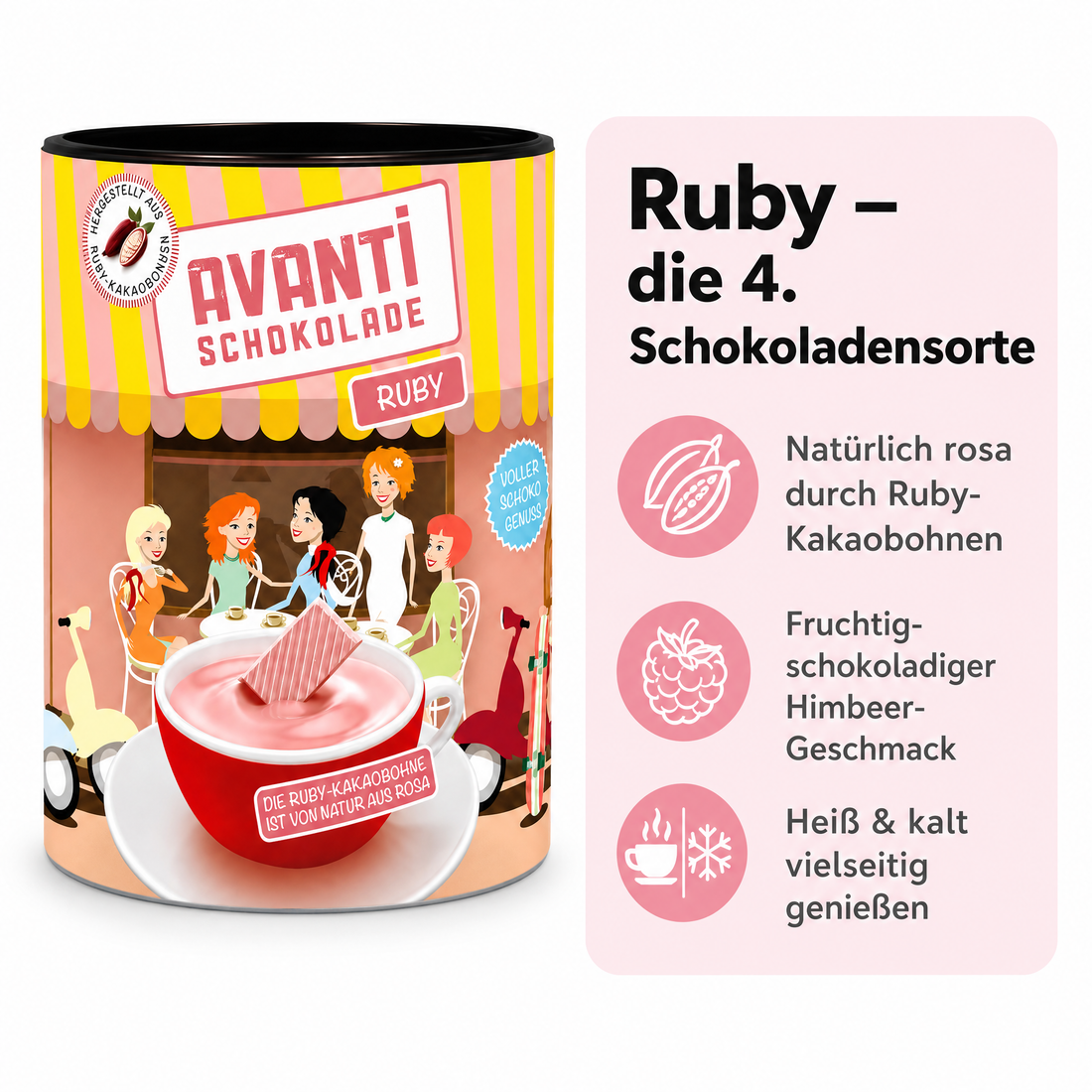 Avanti Ruby Trinkschokolade, 400 g, heiße Schokolade aus Rosa Kakaobohne, Die vierte Schokoladensorte als Trinkkakao – natürlich fruchtig, intensiv rosa und vielseitig verwendbar
