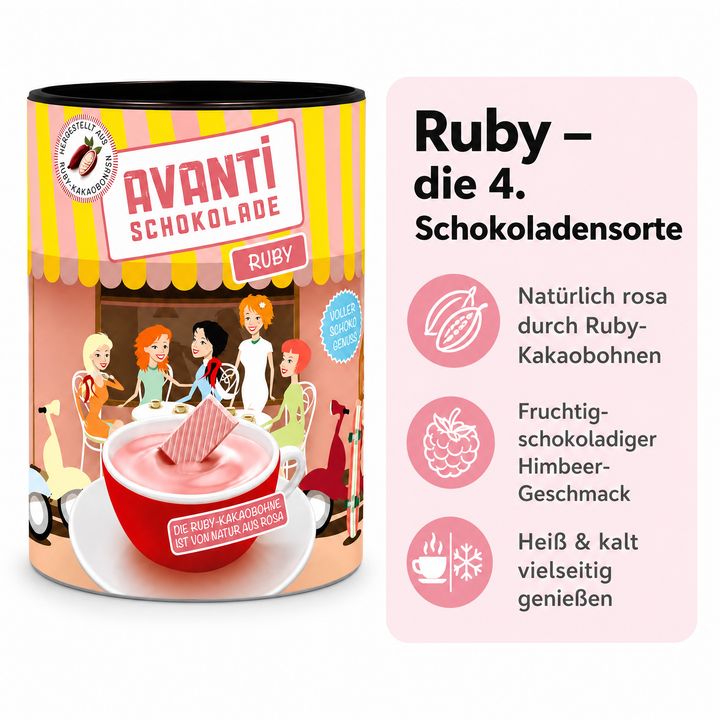 Avanti Ruby Trinkschokolade, 400 g, heiße Schokolade aus Rosa Kakaobohne, Die vierte Schokoladensorte als Trinkkakao – natürlich fruchtig, intensiv rosa und vielseitig verwendbar