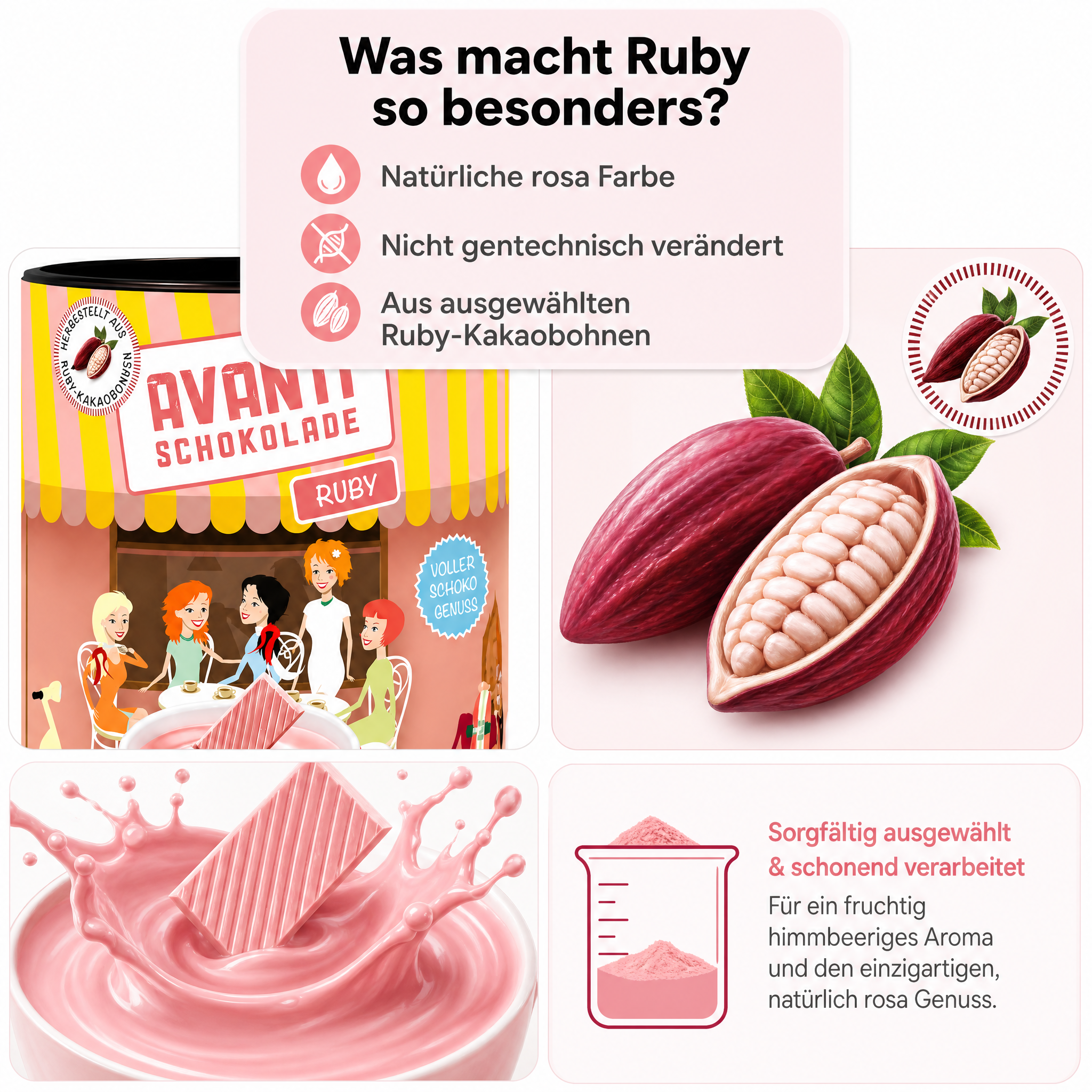 Avanti Ruby Trinkschokolade, 400 g, heiße Schokolade aus Rosa Kakaobohne, Die vierte Schokoladensorte als Trinkkakao – natürlich fruchtig, intensiv rosa und vielseitig verwendbar