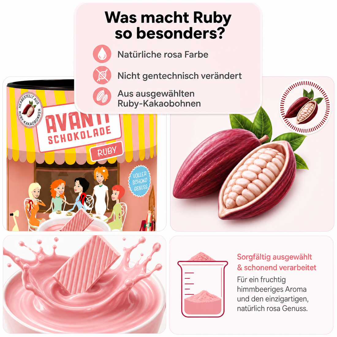 Avanti Ruby Trinkschokolade, 400 g, heiße Schokolade aus Rosa Kakaobohne, Die vierte Schokoladensorte als Trinkkakao – natürlich fruchtig, intensiv rosa und vielseitig verwendbar