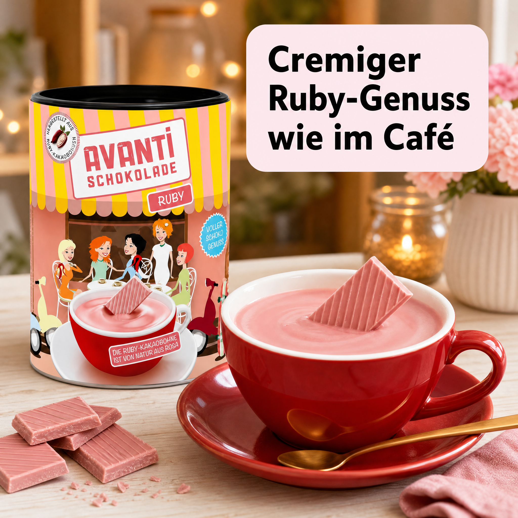 Avanti Ruby Trinkschokolade, 400 g, heiße Schokolade aus Rosa Kakaobohne, Die vierte Schokoladensorte als Trinkkakao – natürlich fruchtig, intensiv rosa und vielseitig verwendbar