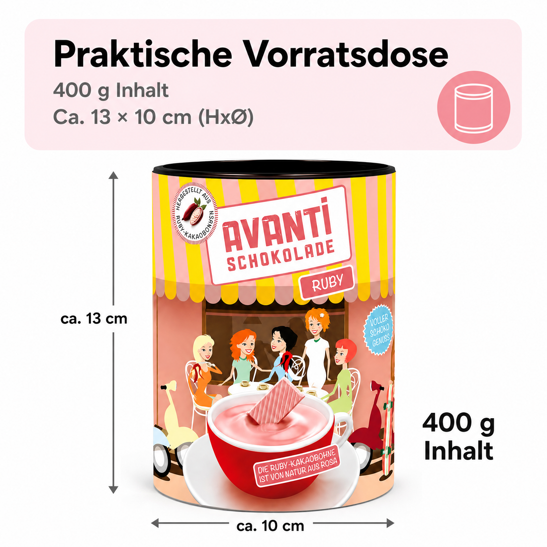 Avanti Ruby Trinkschokolade, 400 g, heiße Schokolade aus Rosa Kakaobohne, Die vierte Schokoladensorte als Trinkkakao – natürlich fruchtig, intensiv rosa und vielseitig verwendbar