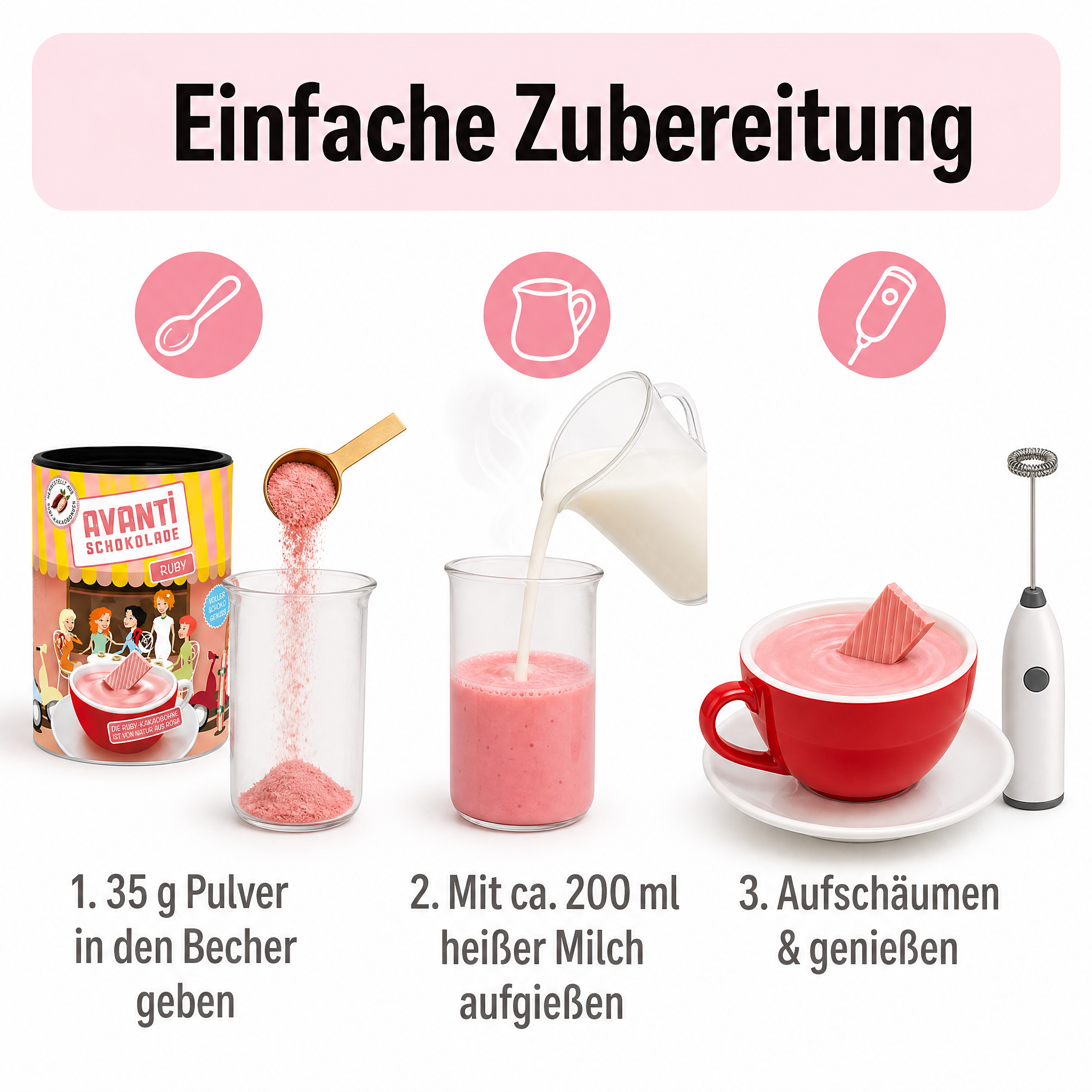 Avanti Ruby Trinkschokolade, 400 g, heiße Schokolade aus Rosa Kakaobohne, Die vierte Schokoladensorte als Trinkkakao – natürlich fruchtig, intensiv rosa und vielseitig verwendbar