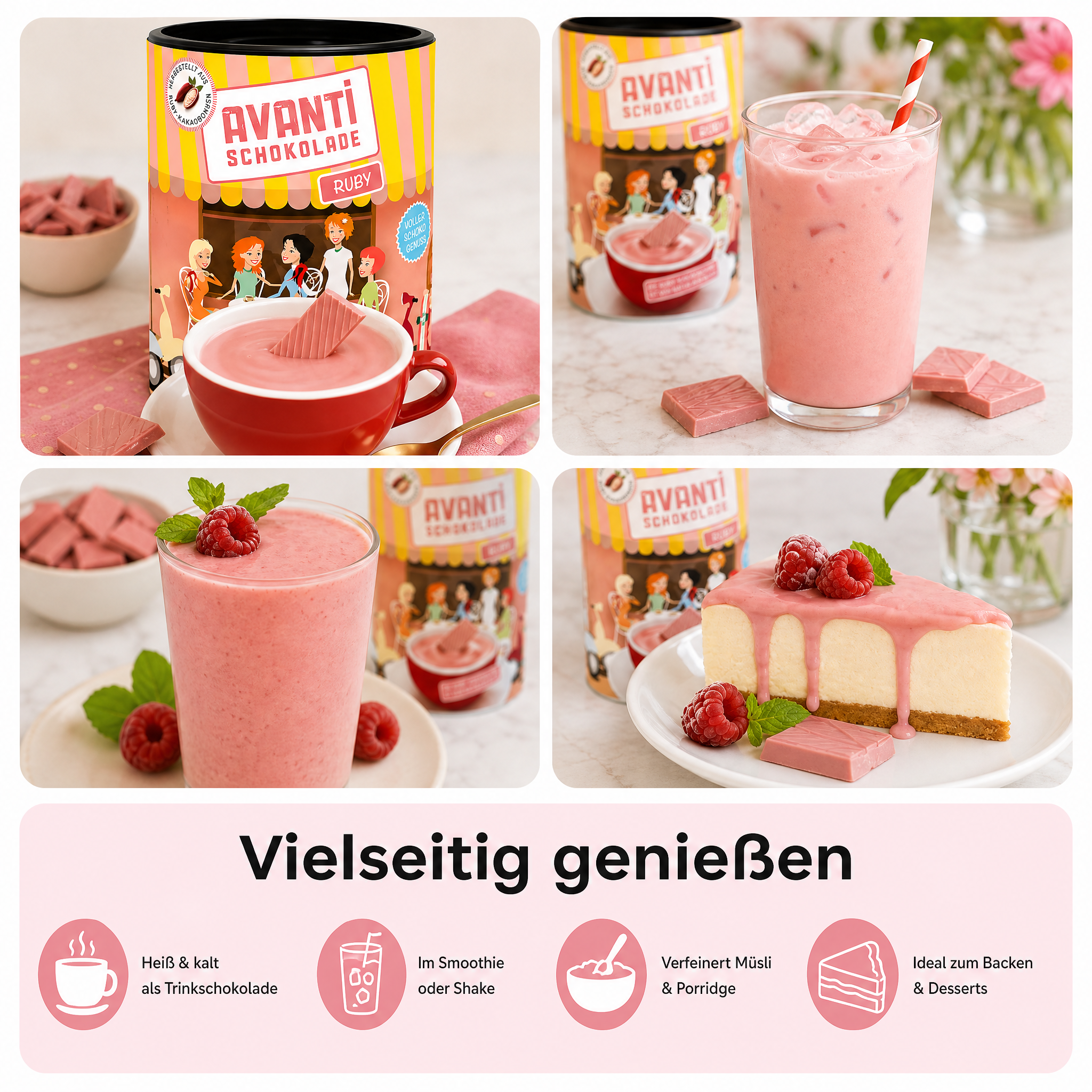 Avanti Ruby Trinkschokolade, 400 g, heiße Schokolade aus Rosa Kakaobohne, Die vierte Schokoladensorte als Trinkkakao – natürlich fruchtig, intensiv rosa und vielseitig verwendbar