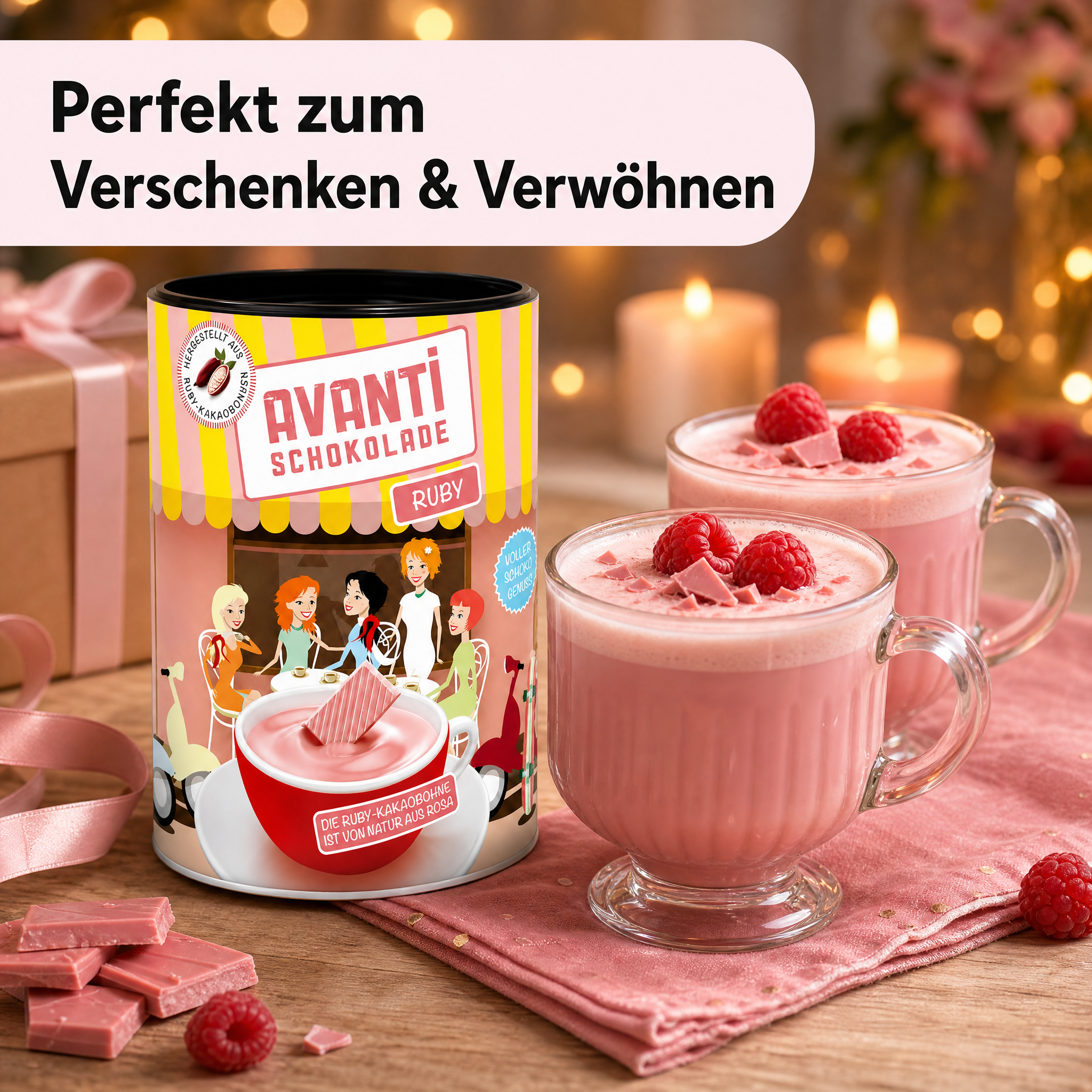 Avanti Ruby Trinkschokolade, 400 g, heiße Schokolade aus Rosa Kakaobohne, Die vierte Schokoladensorte als Trinkkakao – natürlich fruchtig, intensiv rosa und vielseitig verwendbar