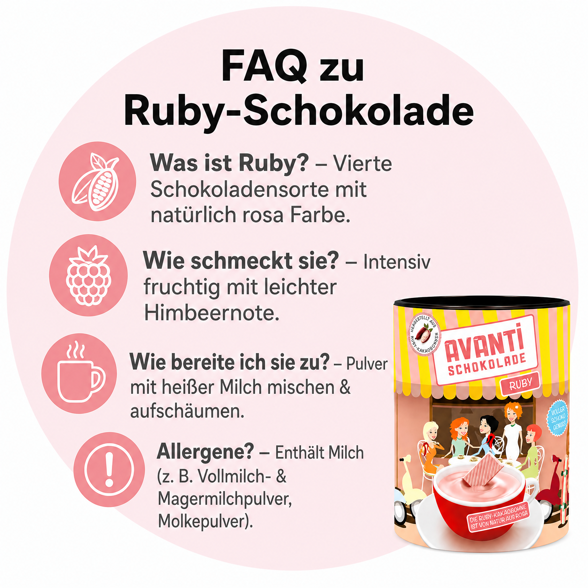 Avanti Ruby Trinkschokolade, 400 g, heiße Schokolade aus Rosa Kakaobohne, Die vierte Schokoladensorte als Trinkkakao – natürlich fruchtig, intensiv rosa und vielseitig verwendbar