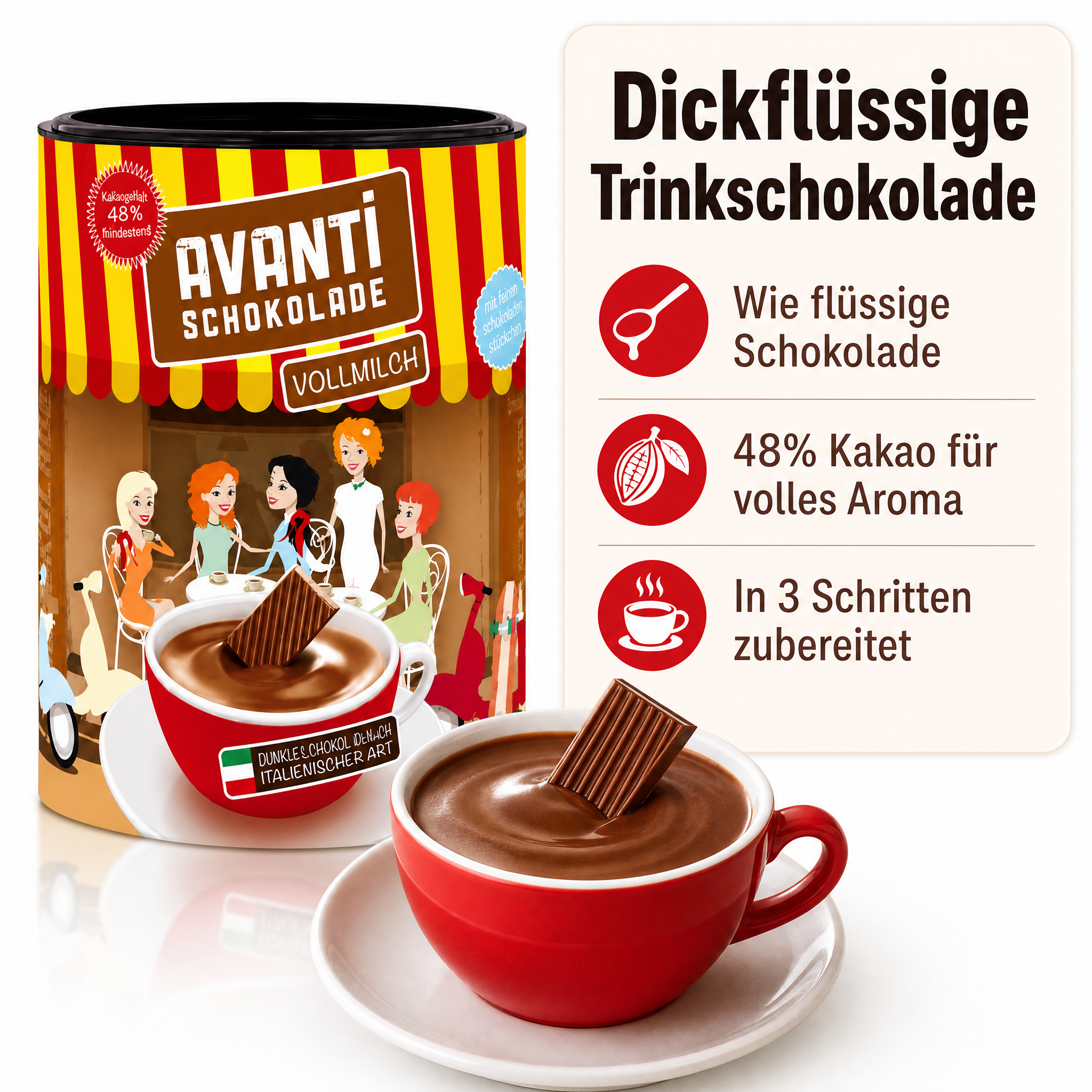 AVANTI Trinkschokolade Vollmilch 400g, dickflüssig nach italienischer Art, Cremige heiße Schokolade mit mindestens 48% Kakao – ohne Emulgatoren, einfach in 3 Schritten zubereitet