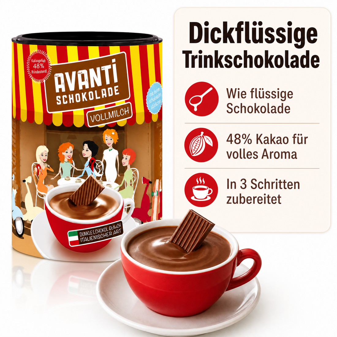 AVANTI Trinkschokolade Vollmilch 400g, dickflüssig nach italienischer Art, Cremige heiße Schokolade mit mindestens 48% Kakao – ohne Emulgatoren, einfach in 3 Schritten zubereitet