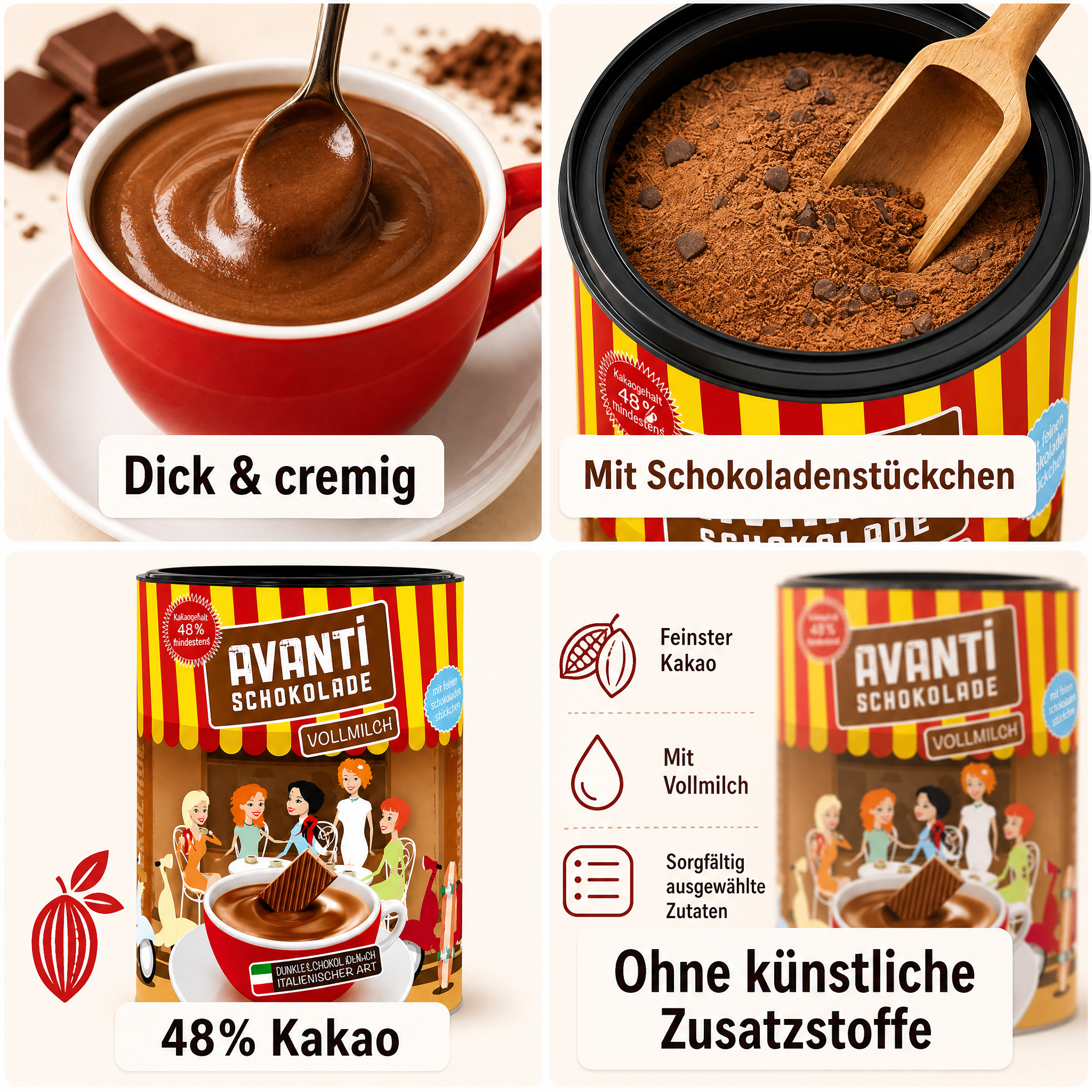 AVANTI Trinkschokolade Vollmilch 400g, dickflüssig nach italienischer Art, Cremige heiße Schokolade mit mindestens 48% Kakao – ohne Emulgatoren, einfach in 3 Schritten zubereitet