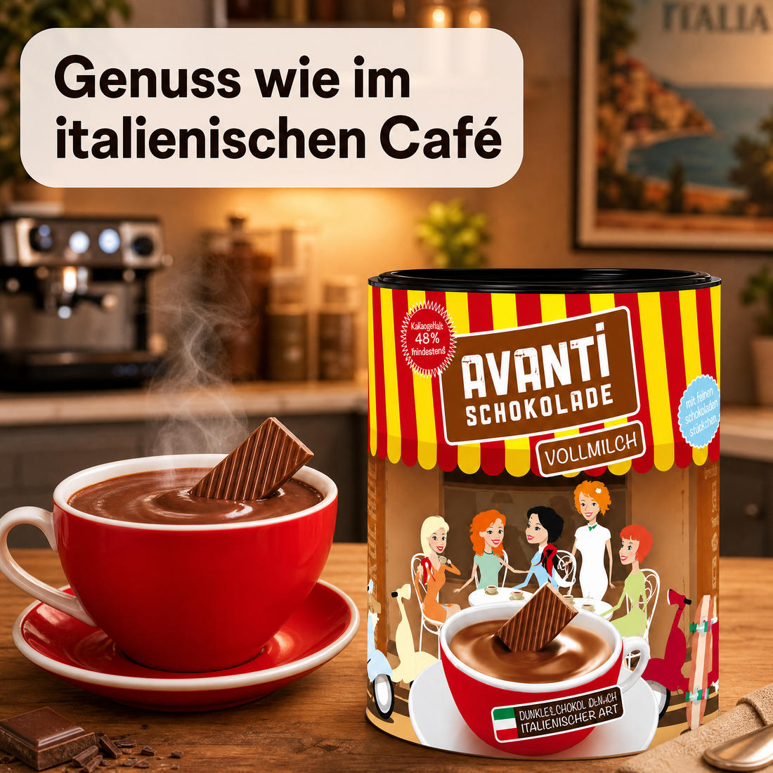 AVANTI Trinkschokolade Vollmilch 400g, dickflüssig nach italienischer Art, Cremige heiße Schokolade mit mindestens 48% Kakao – ohne Emulgatoren, einfach in 3 Schritten zubereitet