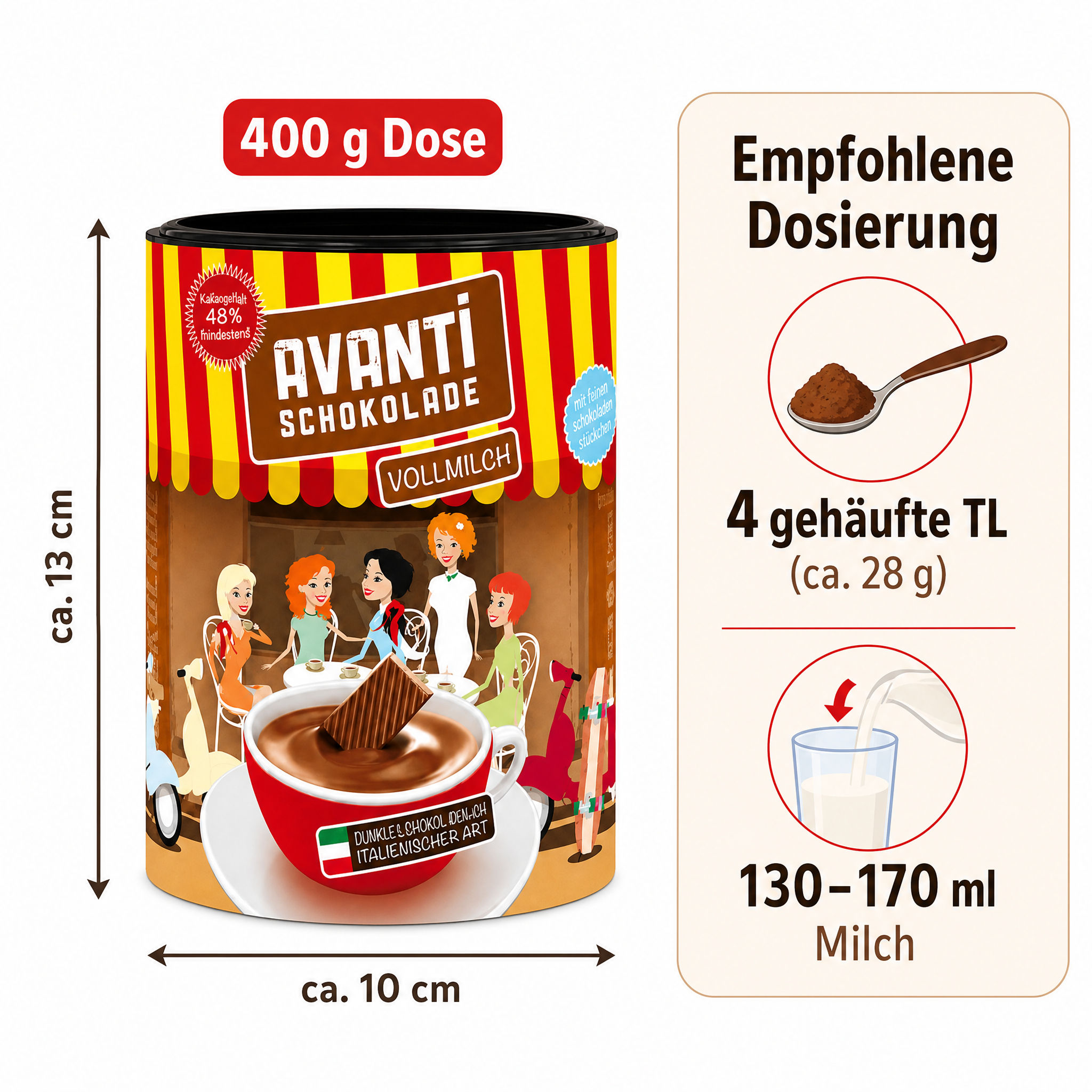 AVANTI Trinkschokolade Vollmilch 400g, dickflüssig nach italienischer Art, Cremige heiße Schokolade mit mindestens 48% Kakao – ohne Emulgatoren, einfach in 3 Schritten zubereitet