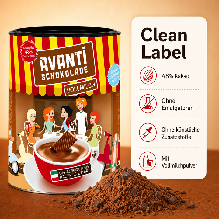 AVANTI Trinkschokolade Vollmilch 400g, dickflüssig nach italienischer Art, Cremige heiße Schokolade mit mindestens 48% Kakao – ohne Emulgatoren, einfach in 3 Schritten zubereitet