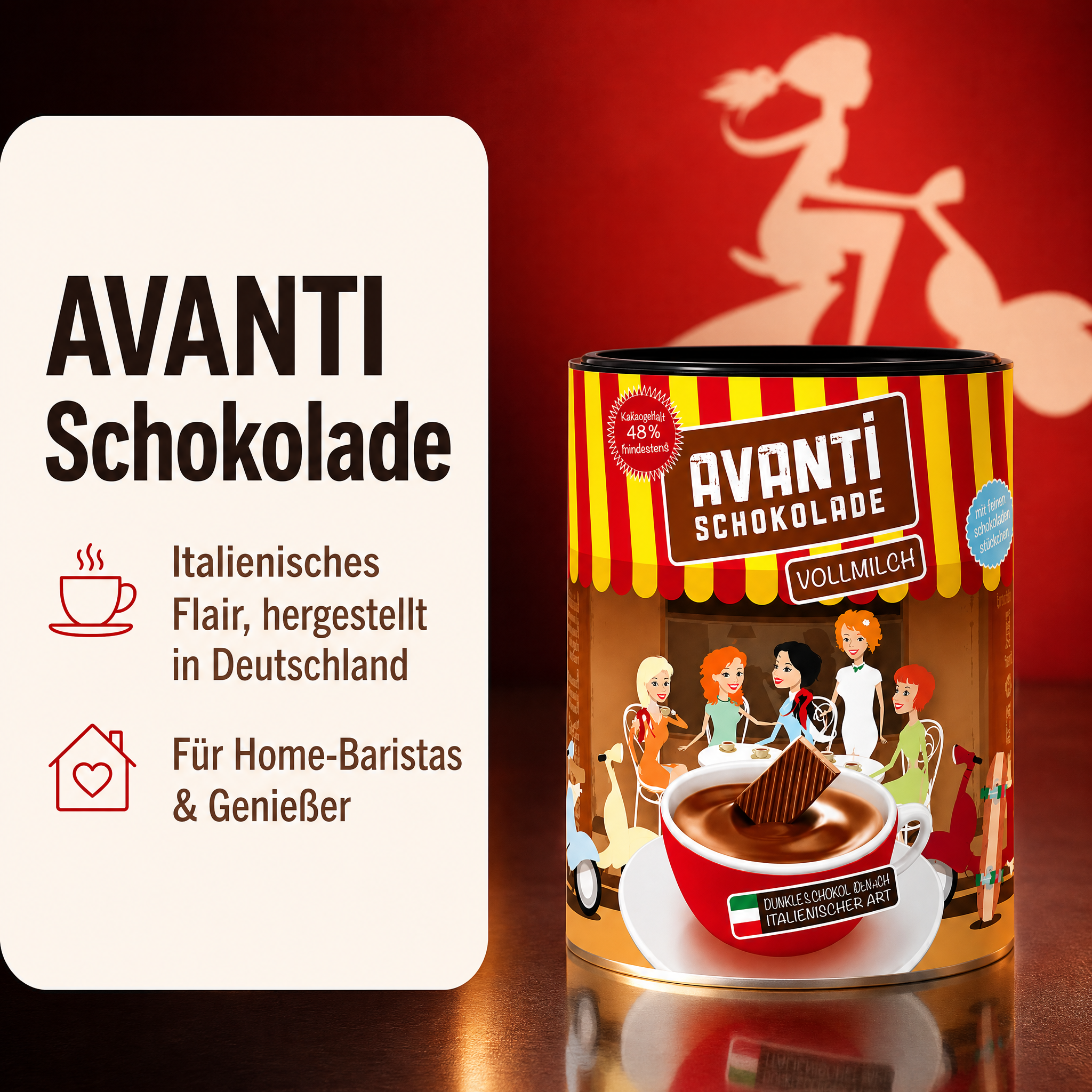 AVANTI Trinkschokolade Vollmilch 400g, dickflüssig nach italienischer Art, Cremige heiße Schokolade mit mindestens 48% Kakao – ohne Emulgatoren, einfach in 3 Schritten zubereitet