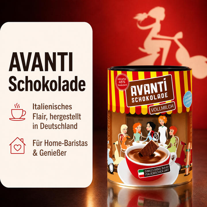AVANTI Trinkschokolade Vollmilch 400g, dickflüssig nach italienischer Art, Cremige heiße Schokolade mit mindestens 48% Kakao – ohne Emulgatoren, einfach in 3 Schritten zubereitet