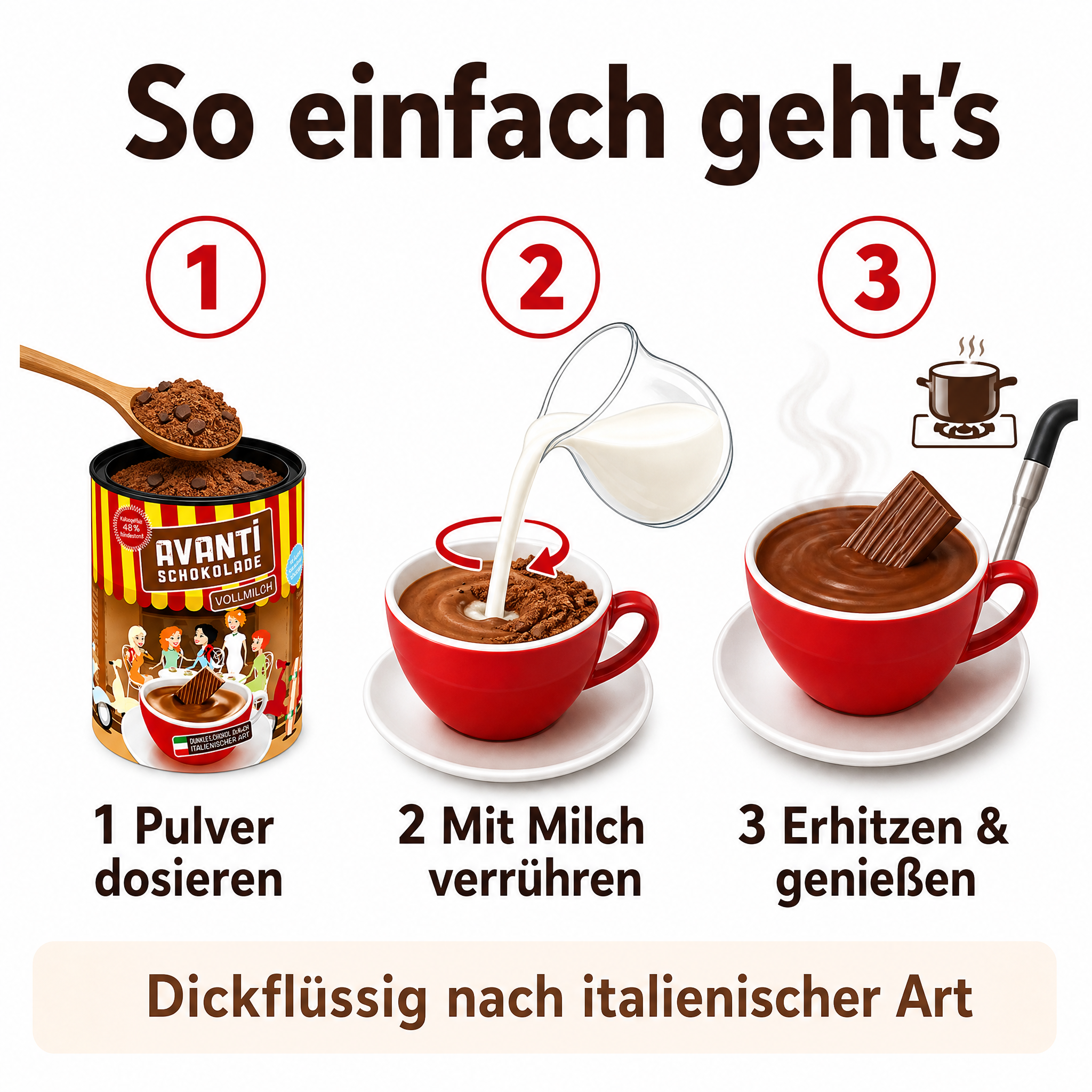 AVANTI Trinkschokolade Vollmilch 400g, dickflüssig nach italienischer Art, Cremige heiße Schokolade mit mindestens 48% Kakao – ohne Emulgatoren, einfach in 3 Schritten zubereitet
