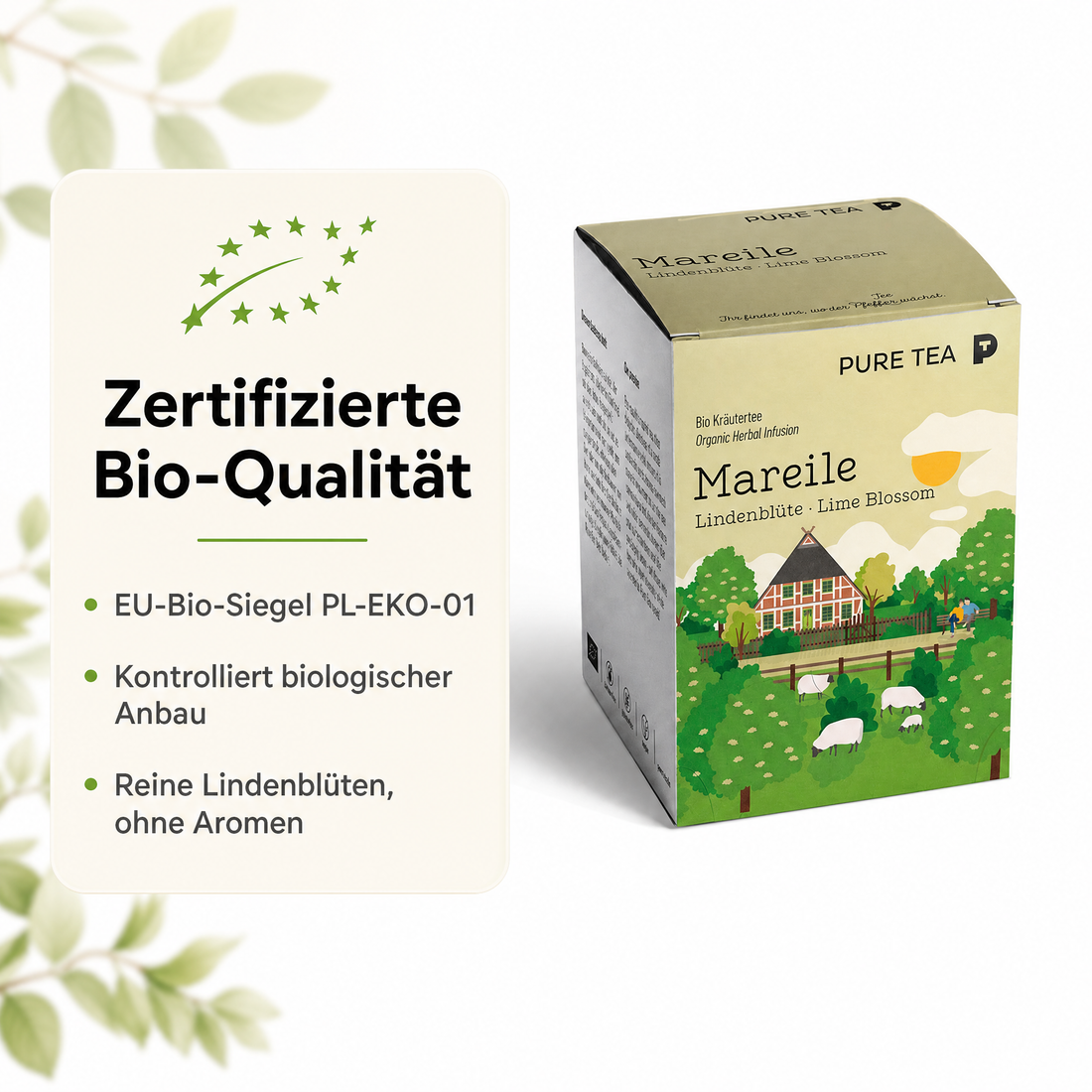 Mareile Lindenblüte - Bio Tee von Pure Tea 15 Teebeutel, Kräutertee Geschenk | Reiner Entspannungstee ohne Aromen, handgenähte Kissenbeutel, EU-zertifiziert